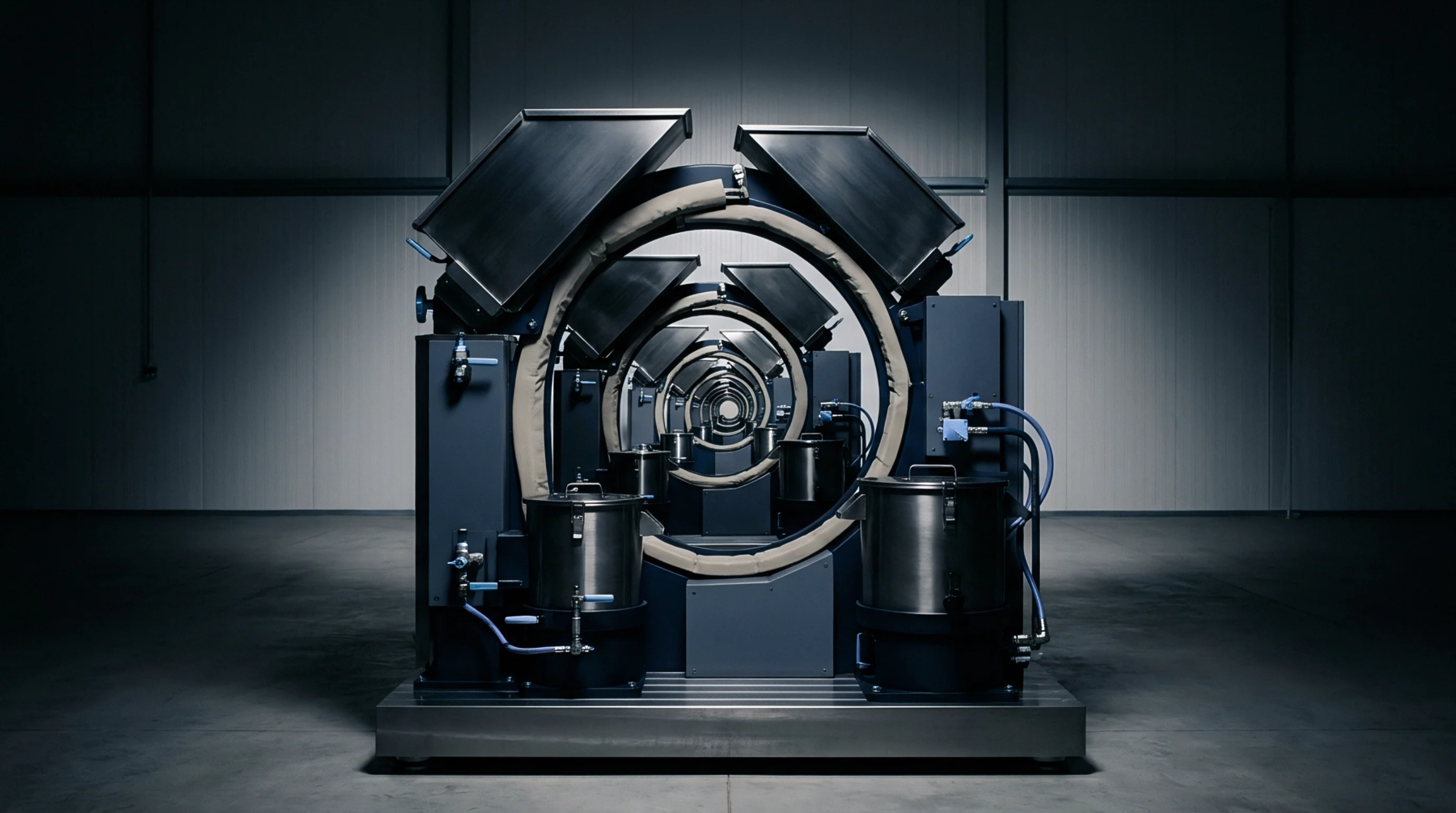 A large industrial processing system with dark metallic components and insulated tubing dominates a dim factory floor, featuring several external containers.