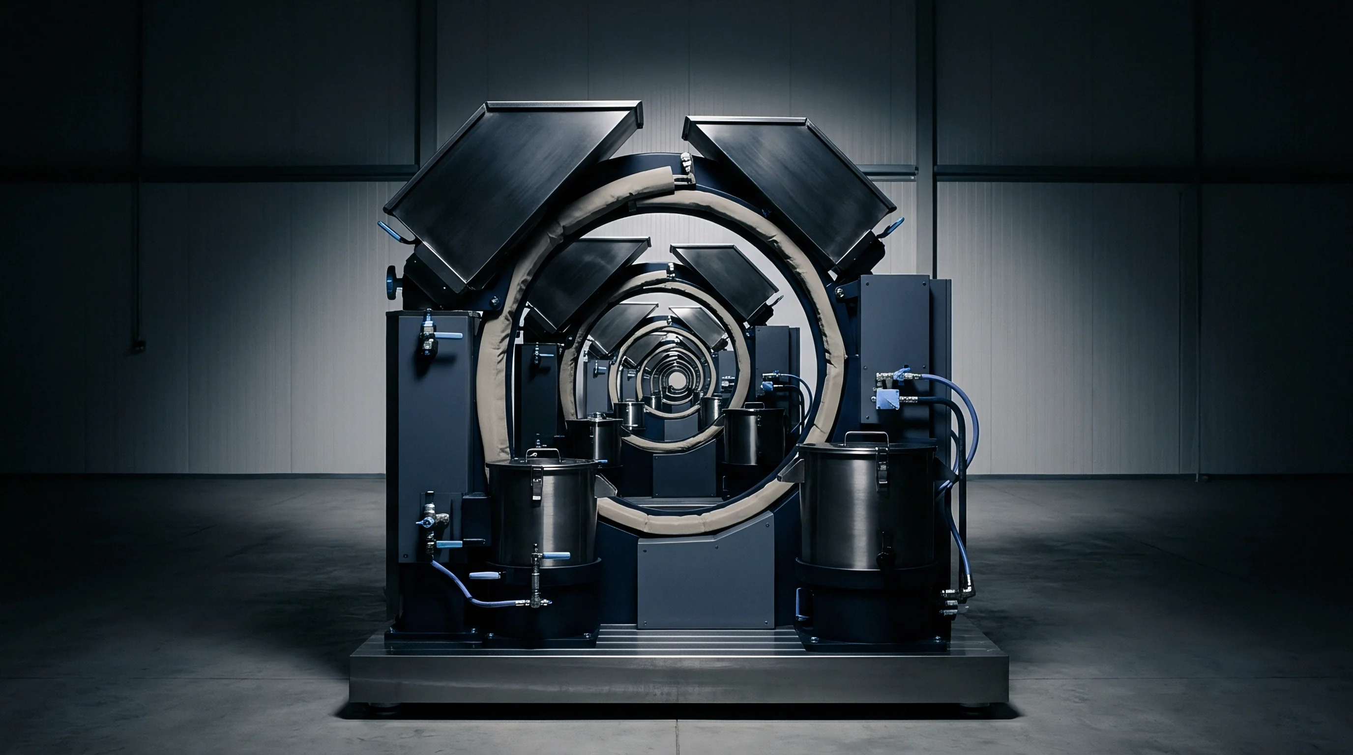 A large industrial processing system with dark metallic components and insulated tubing dominates a dim factory floor, featuring several external containers.