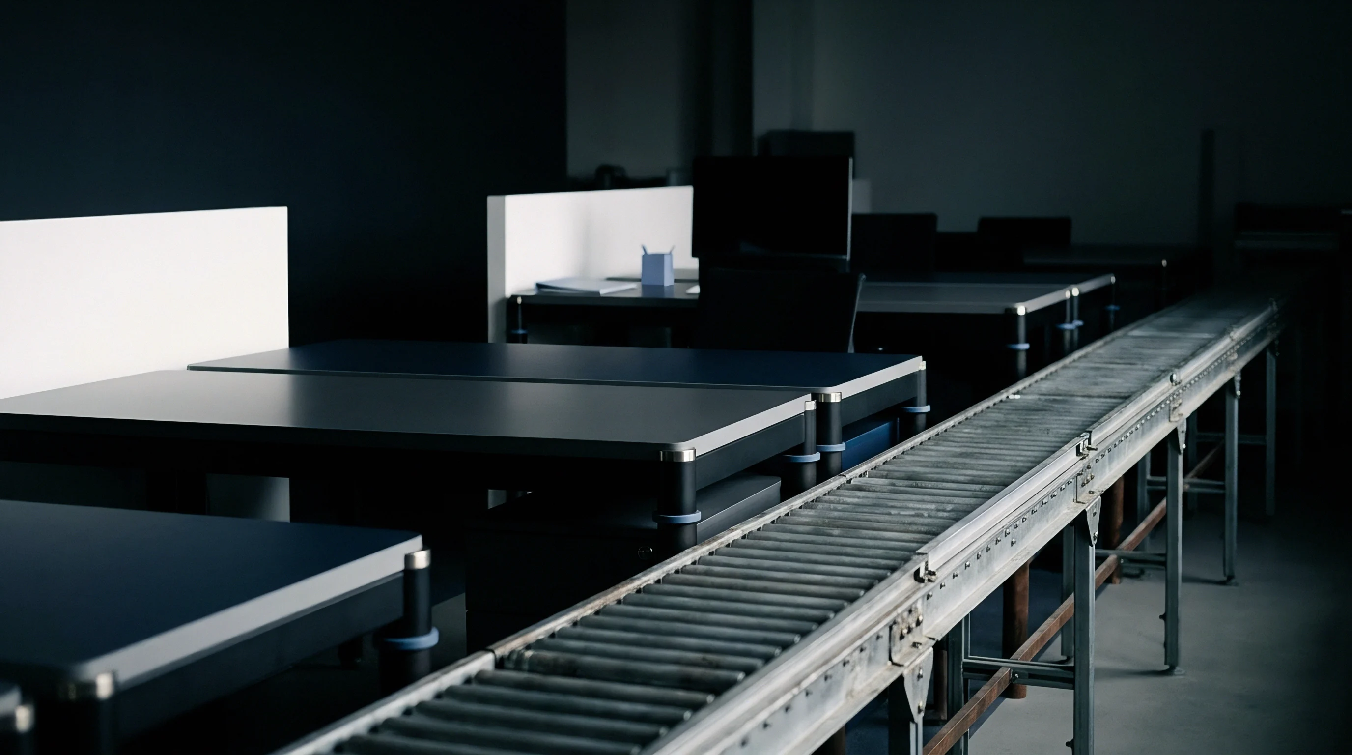 An industrial roller conveyor runs alongside a row of dark grey modular assembly tables separated by white privacy panels in a production facility.