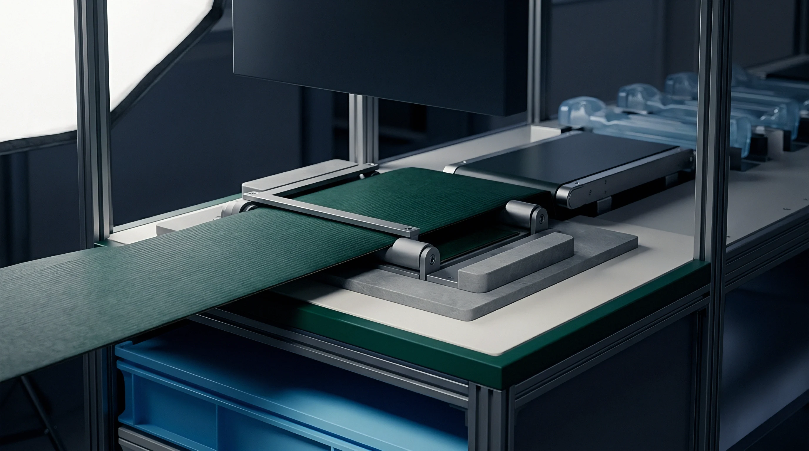 A manufacturing automation render shows a green conveyor belt system with clear plastic items on a secondary line.
