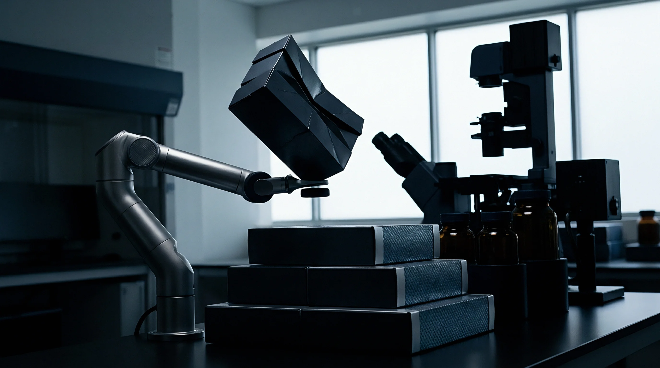 A robotic manipulator holds a complex dark object in a modern industrial laboratory, with precision instruments and material storage containers visible.
