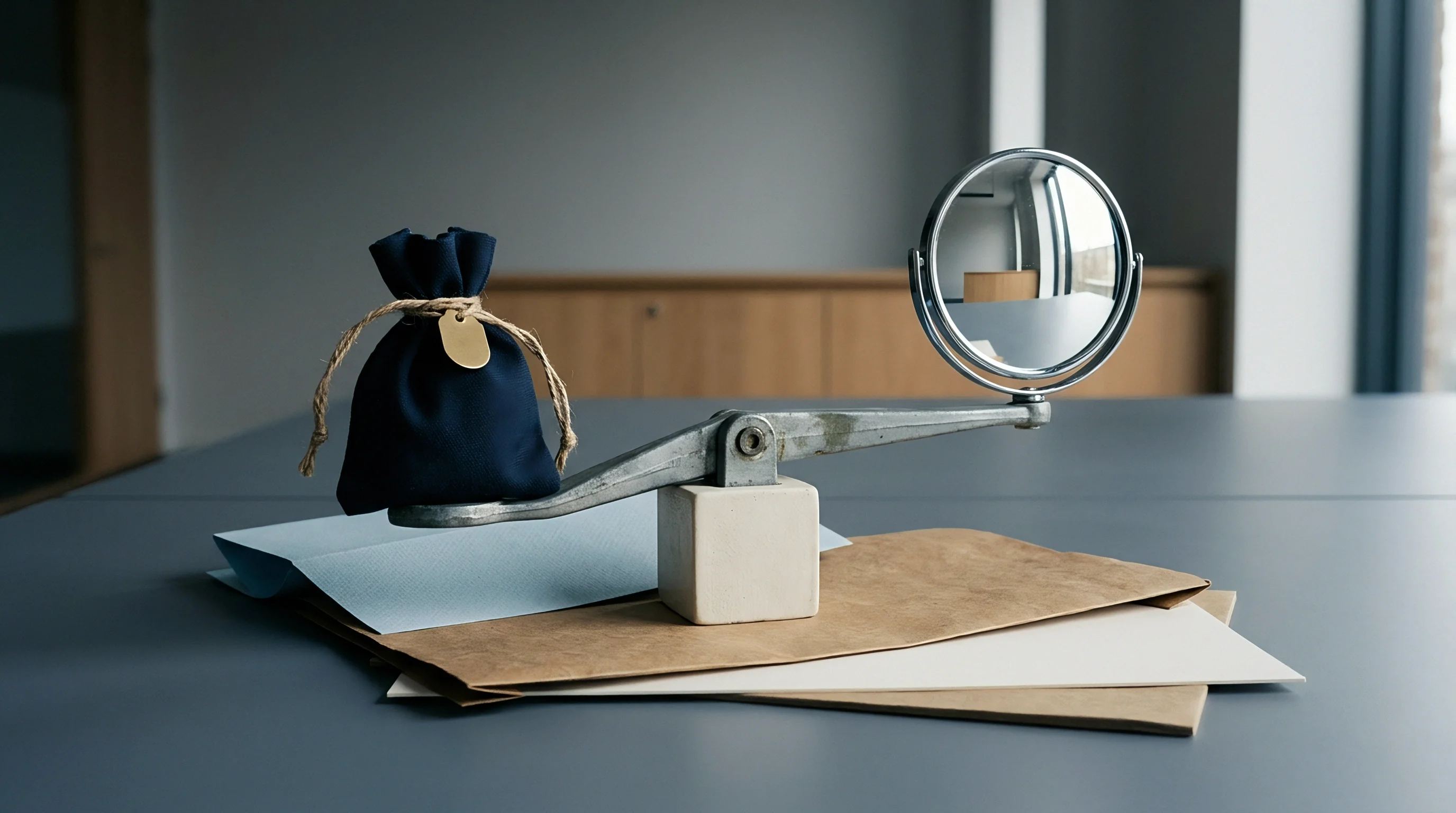 A mechanical balance scale supports a navy blue fabric pouch on one side and a reflective mirror on the other atop various stacked papers.