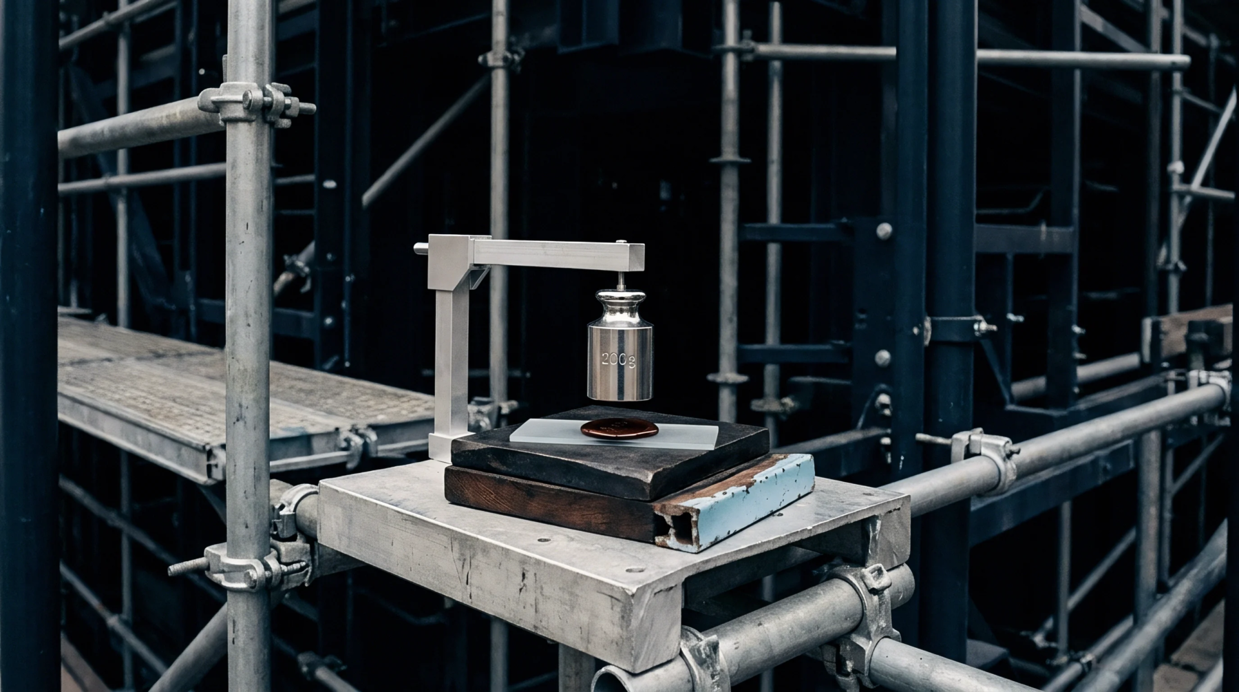 A stainless steel cylindrical weight rests suspended over a composite test sample inside a modular scaffolding frame within an industrial construction site.