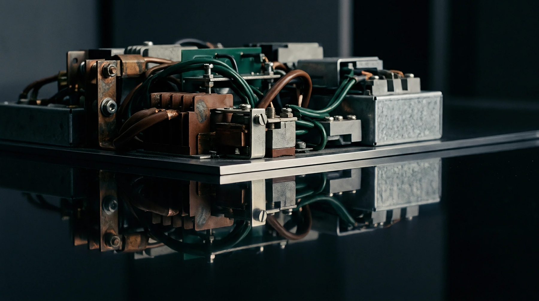 An intricate arrangement of electrical components including green wiring and copper connectors sits on a polished metal plate reflecting the assembly.