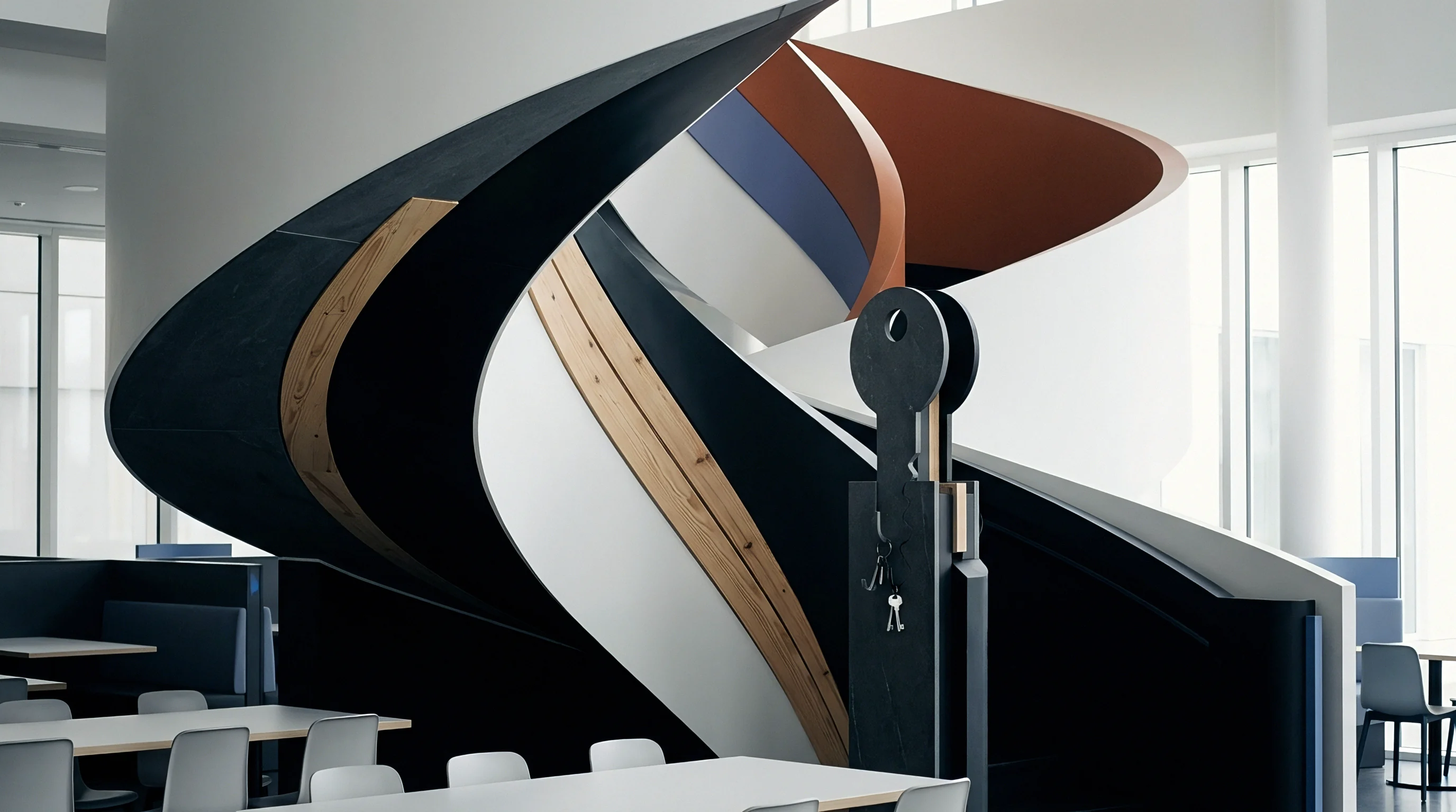 Laminated timber and painted composite panels form a sweeping multilevel architectural staircase within an industrial workspace facility.
