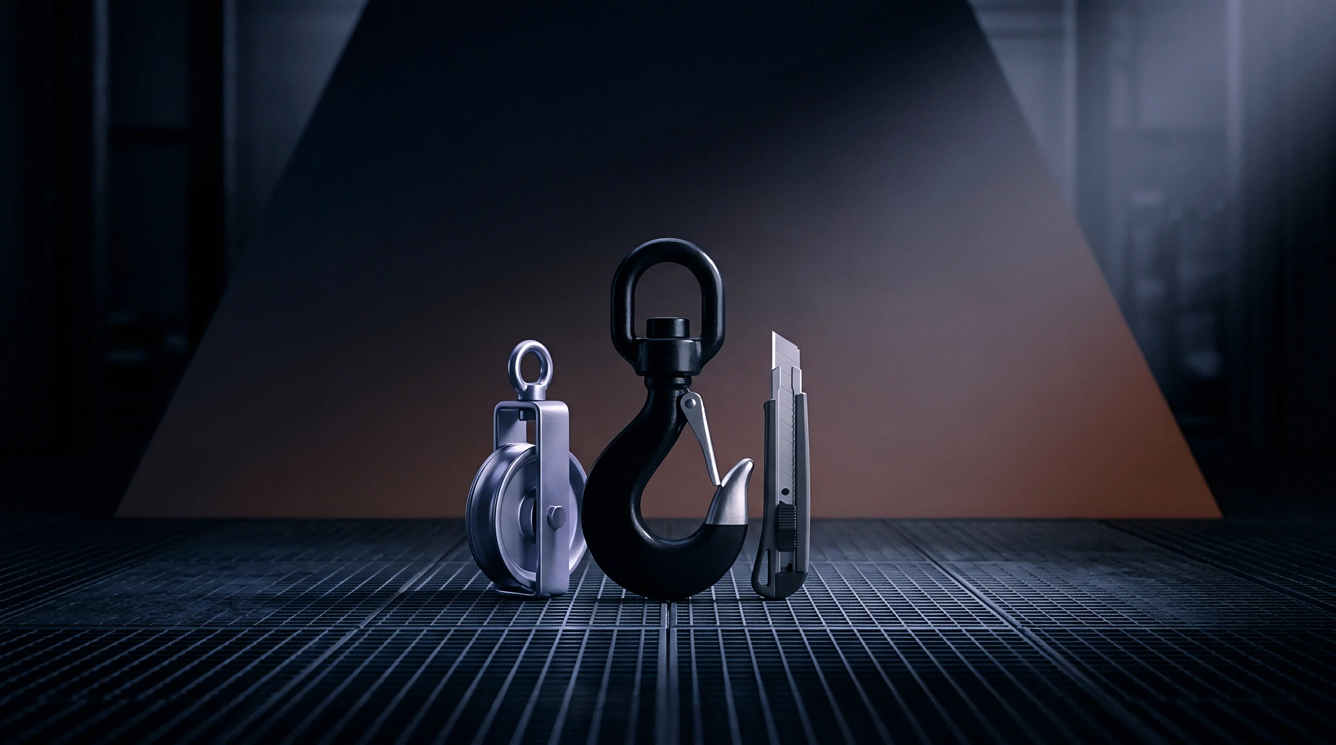 An illustration presents a silver block and tackle pulley, a black safety lifting hook, and a utility knife on a metal grid floor.