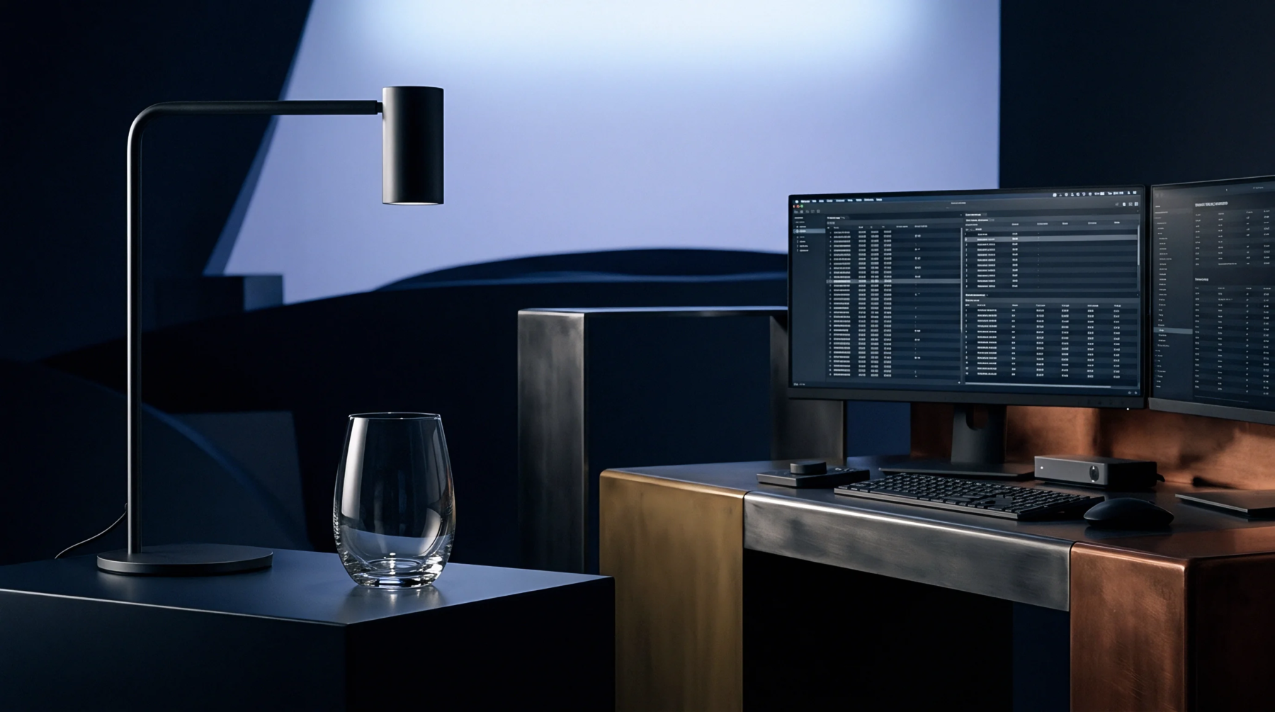 Dual computer screens displaying enterprise resource planning databases sit on a segmented metal desk alongside input peripherals and a lamp.