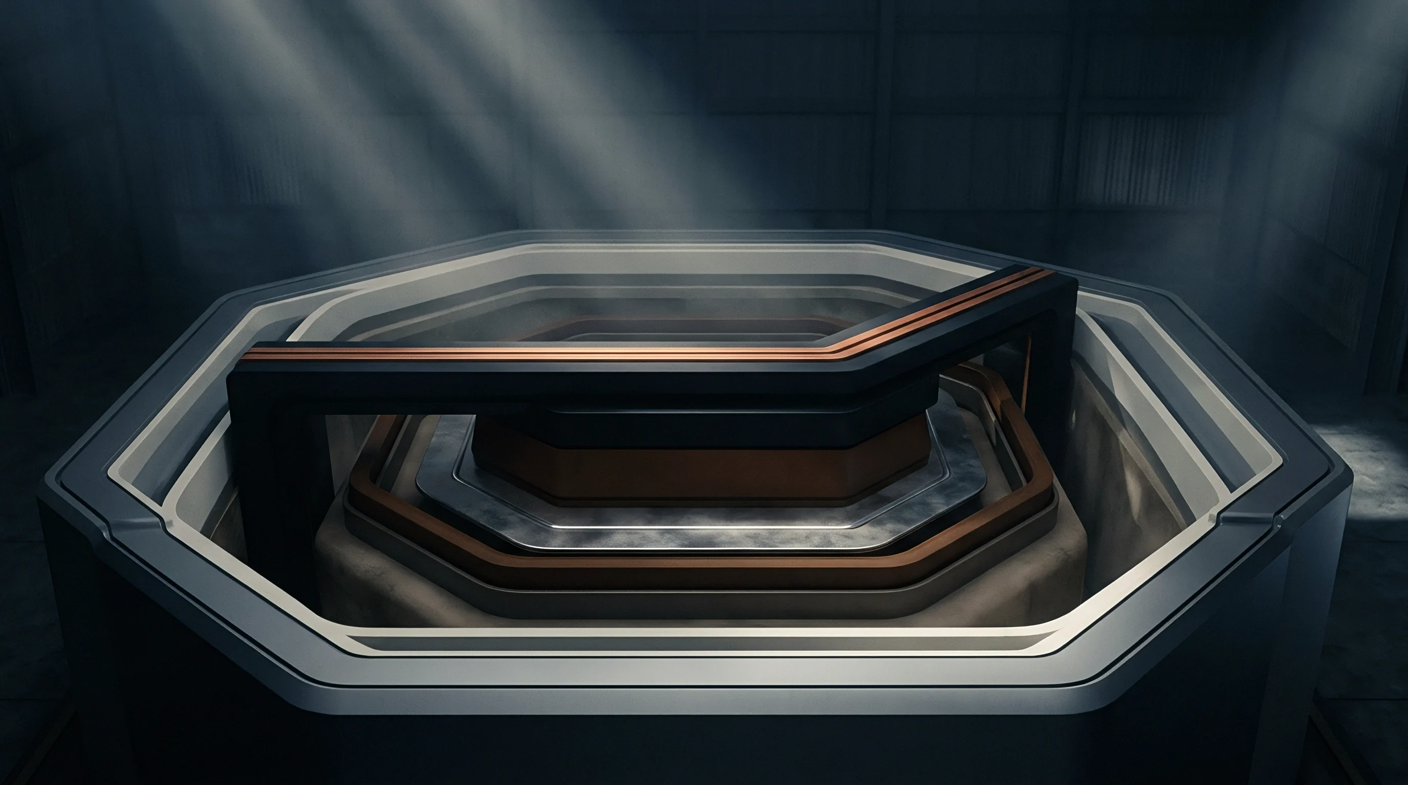 A digital render shows a nested octagonal metal and copper prototype reactor vessel emitting vapor inside a dark industrial production facility.