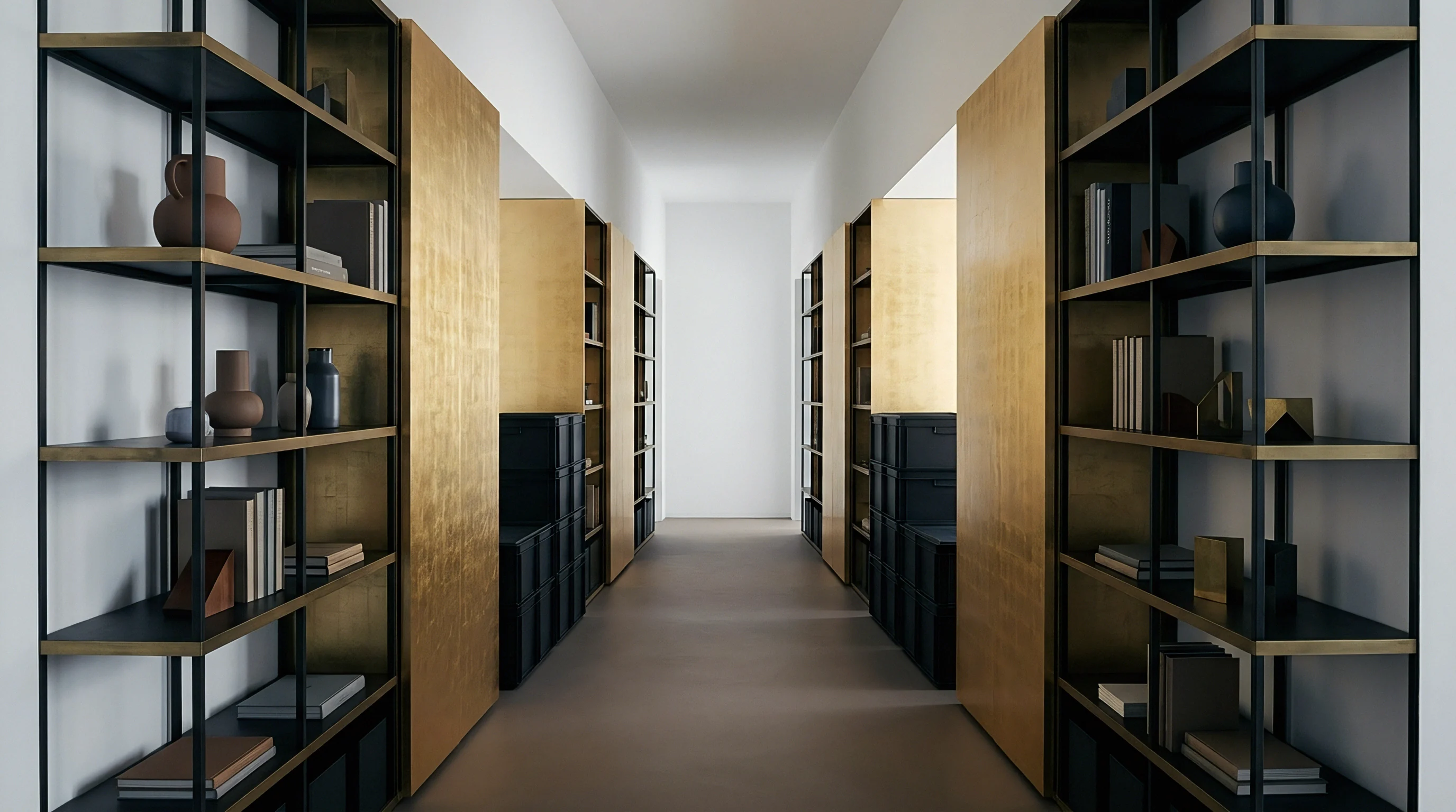 Digital architectural render shows a symmetric organizational corridor featuring modular metal shelving units alongside partitioned storage modules inside an industrial facility setting.