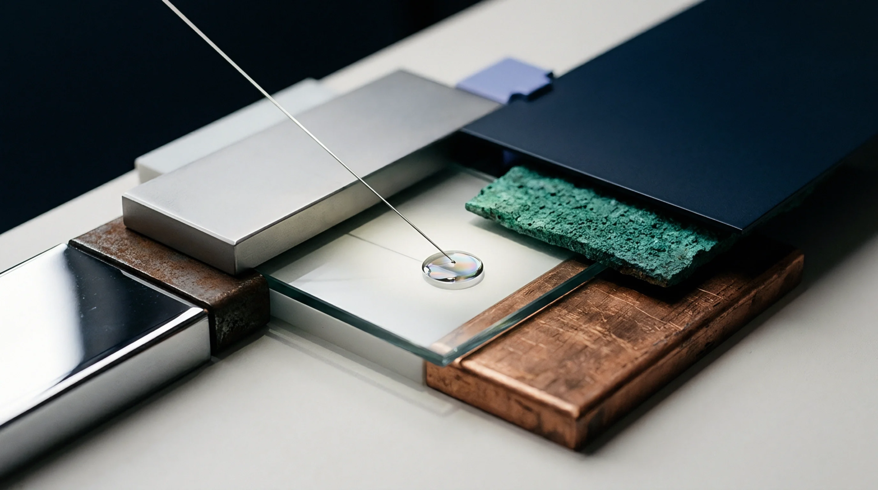 Varied industrial components including brushed aluminum steel glass copper and textured composites rest on a neutral surface representing diverse manufacturing input variables.