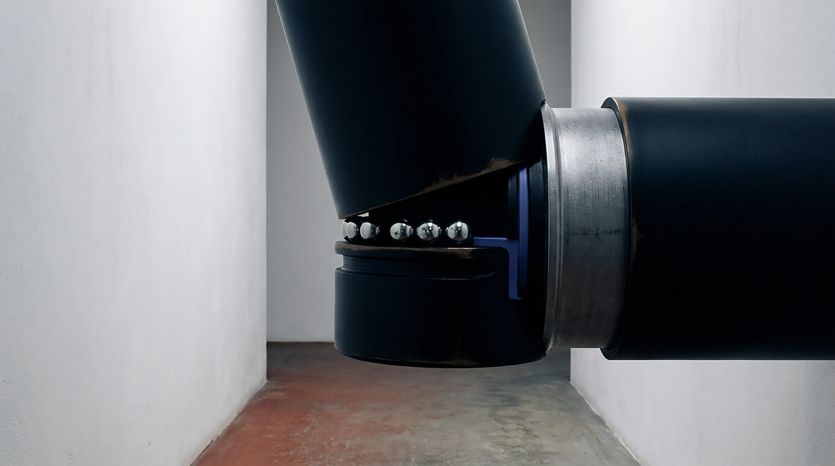 Spherical metal bearings sit within a dark industrial mechanical joint assembly against stark white walls.