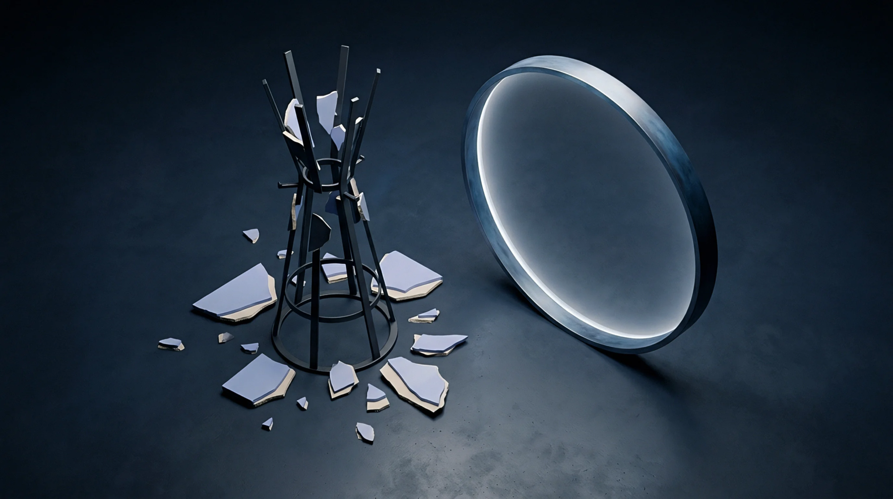 Shattered ceramic fragments and a metallic frame rest on a dark concrete floor beside a glowing circular light fixture.