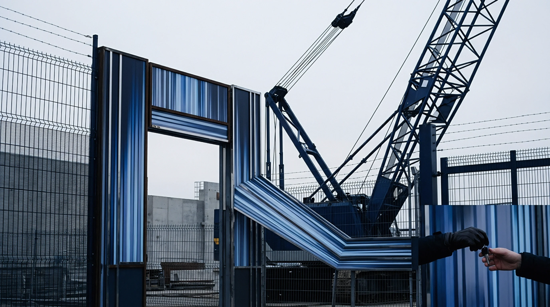 Patterned metal gate segments extend toward a hand holding keys before a construction crane and perimeter fencing at a manufacturing facility.