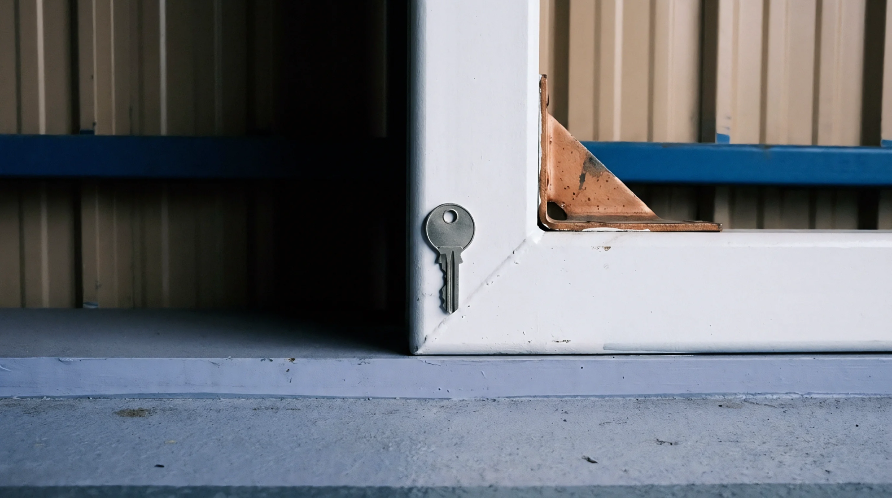 A metal key rests vertically against the white frame of a steel assembly door located inside an industrial facility with corrugated wall paneling.
