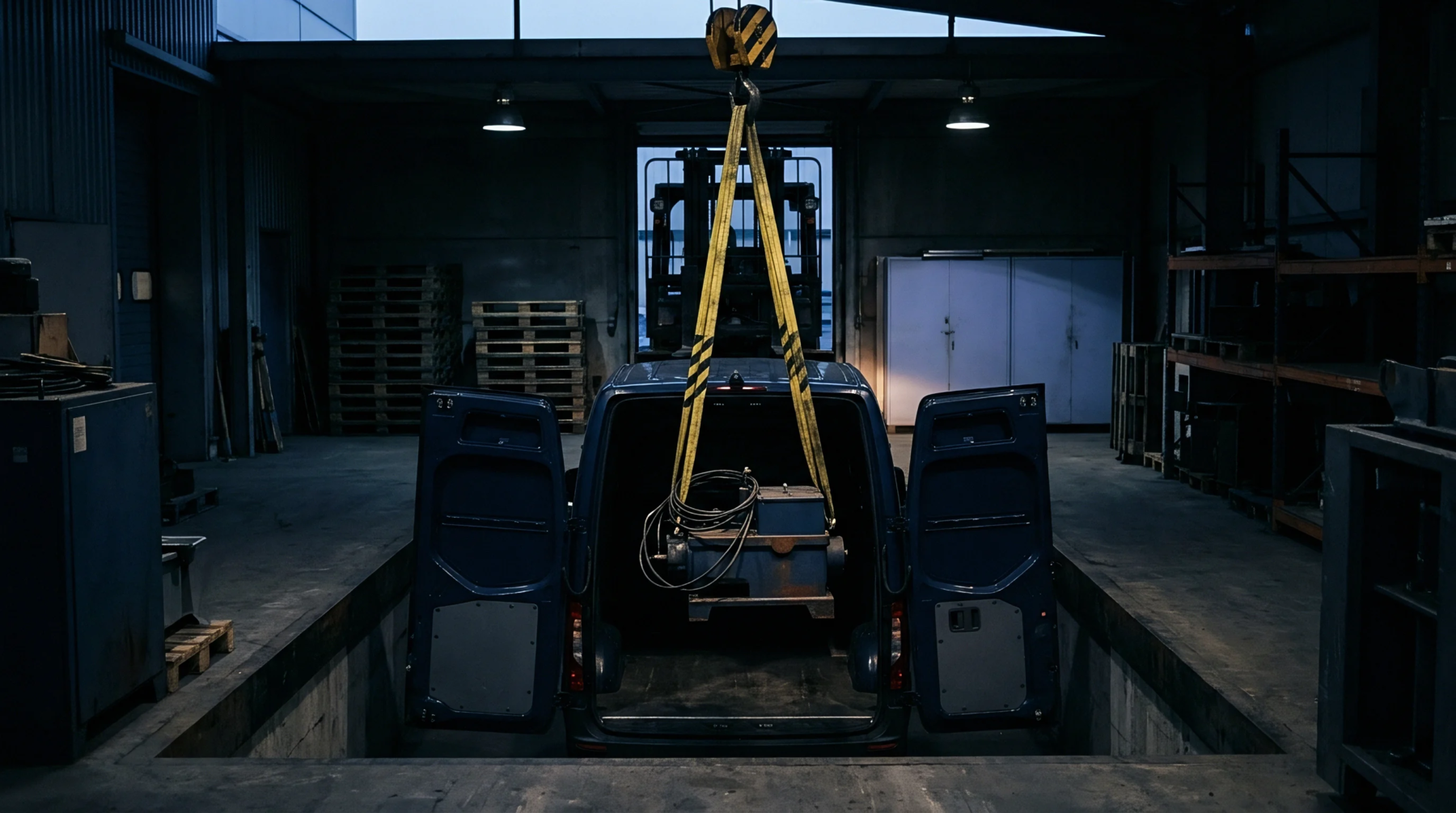 A heavy industrial motor is suspended by yellow lifting straps over the open rear doors of a dark blue cargo van inside a dimly lit factory.
