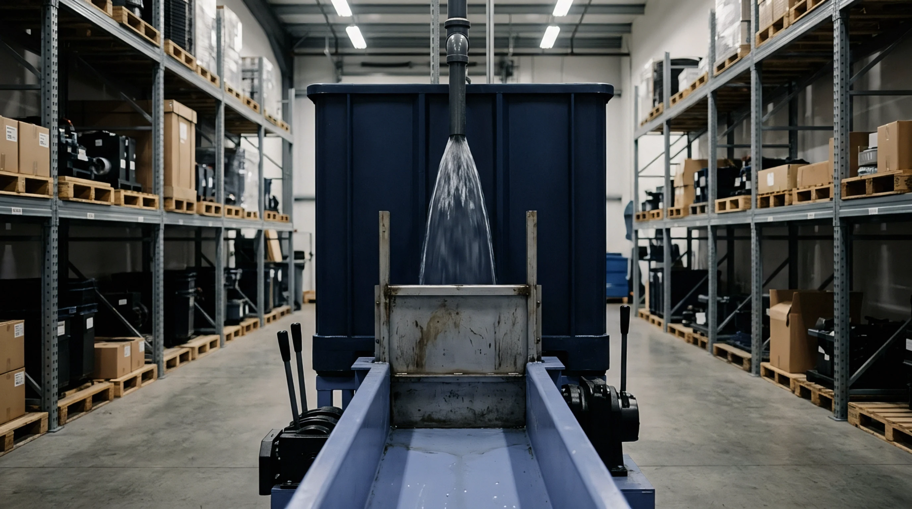 Water pours from an overhead industrial pipe into a stationary blue container located within an organized warehouse storage bay.
