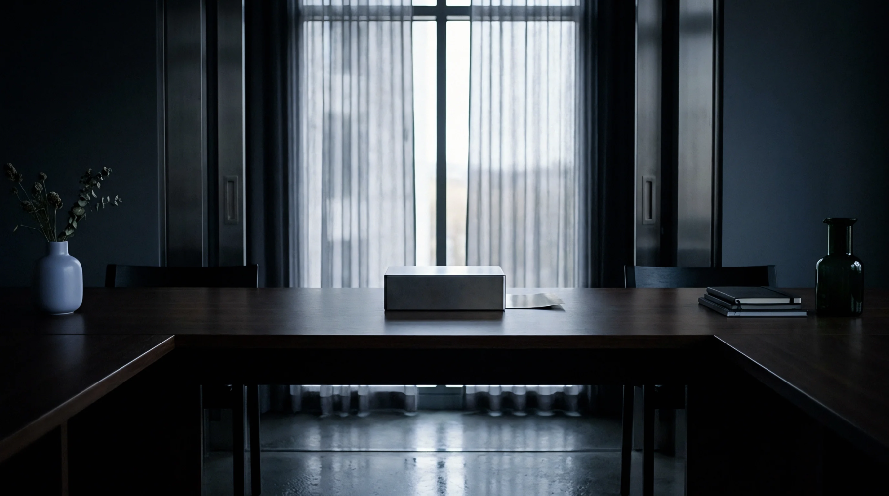 A dark wooden boardroom table displays essential planning items and decorative objects before a large curtained window, reflecting a polished floor.