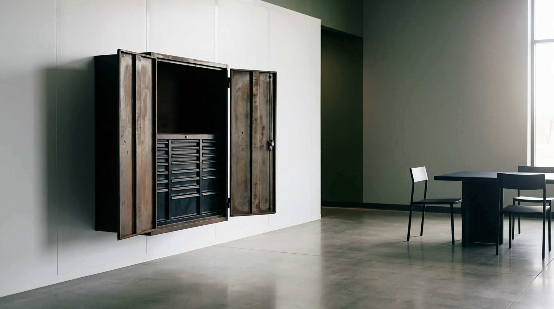 Heavy steel storage cabinet with open weathered doors and internal drawer modules mounted on a white wall inside a production facility.
