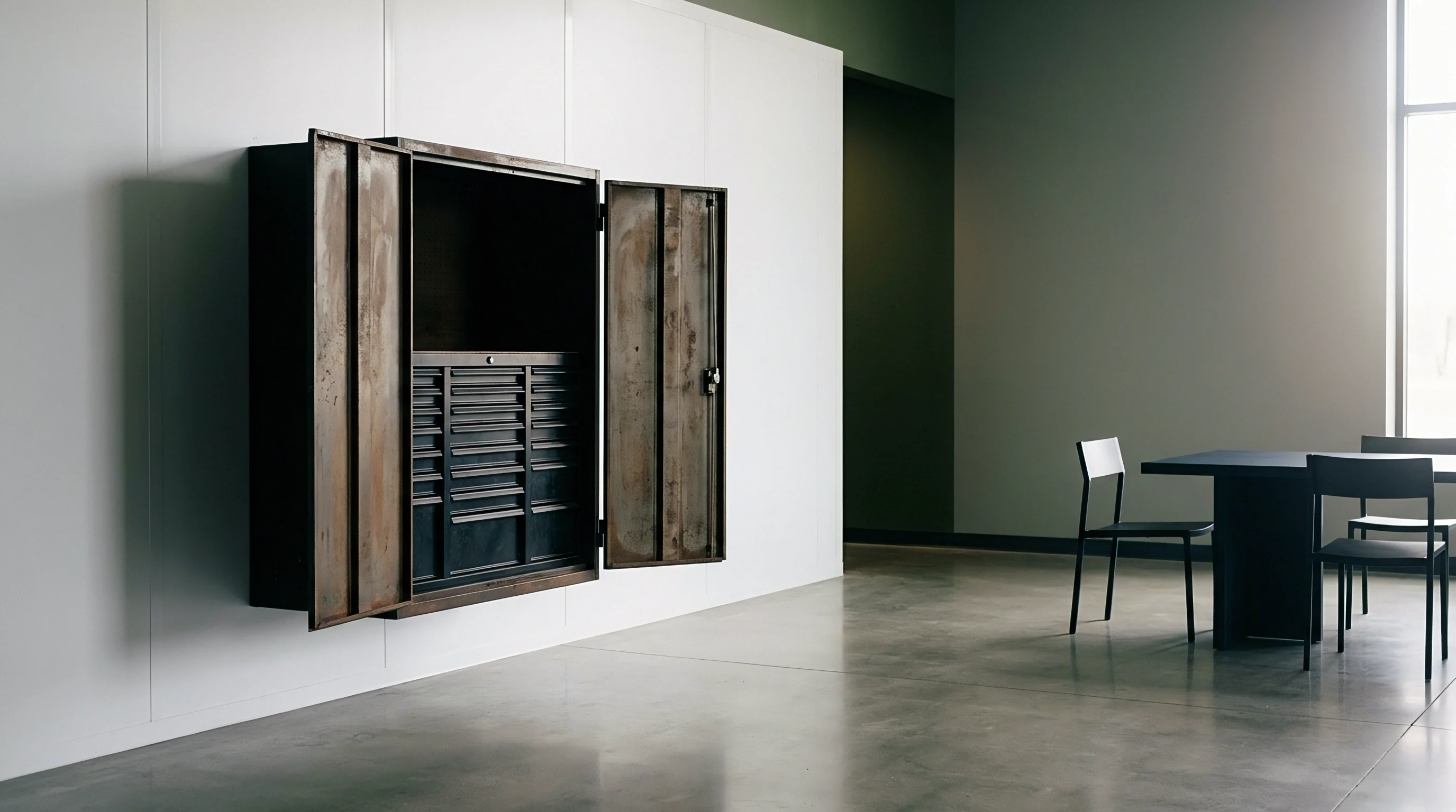 Heavy steel storage cabinet with open weathered doors and internal drawer modules mounted on a white wall inside a production facility.