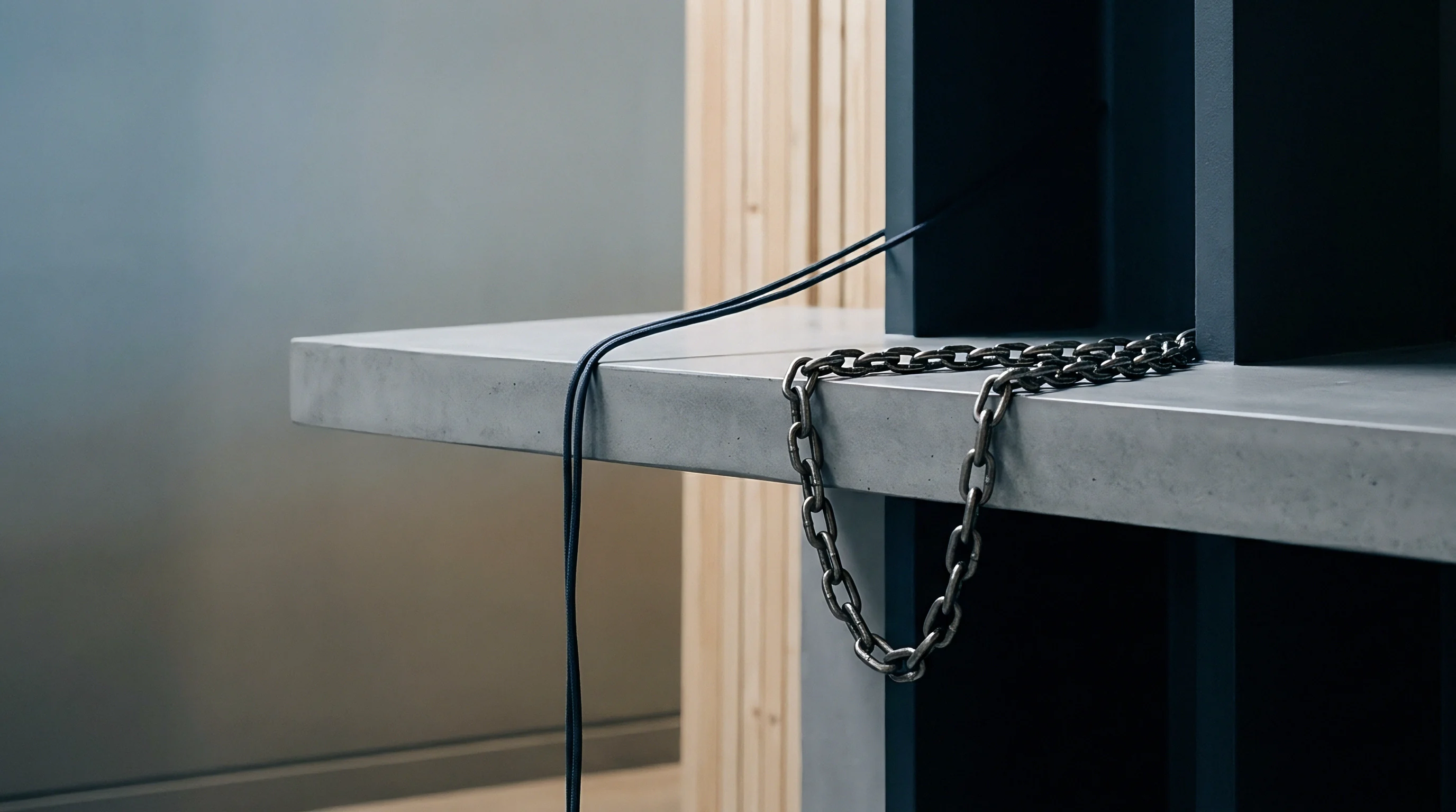 Heavy metal chain and electrical cabling rest upon a concrete workstation inside an industrial production facility.