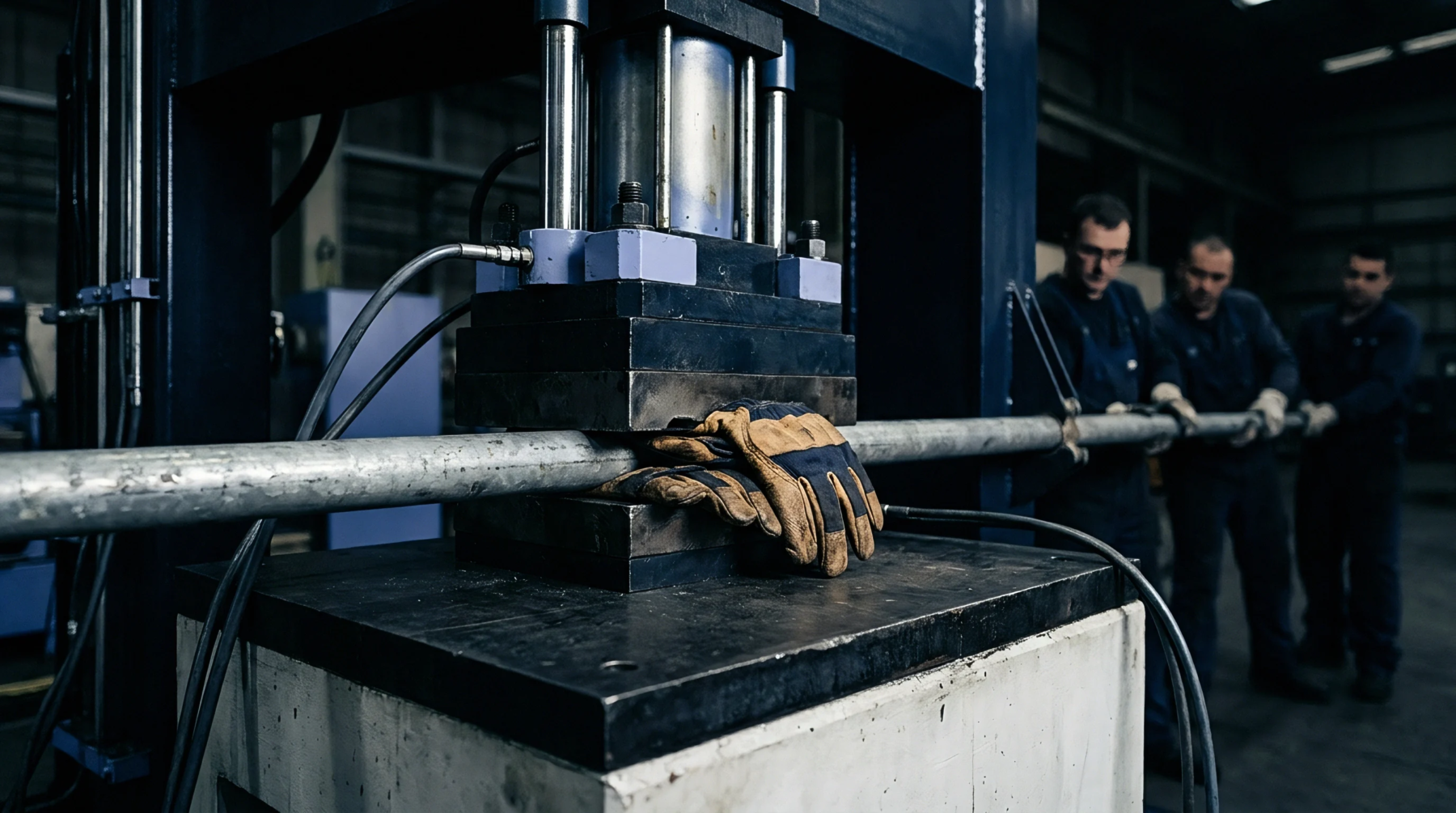 Three industrial workers observe a heavy hydraulic press as thick leather gloves rest on a metal pipe during fabrication.