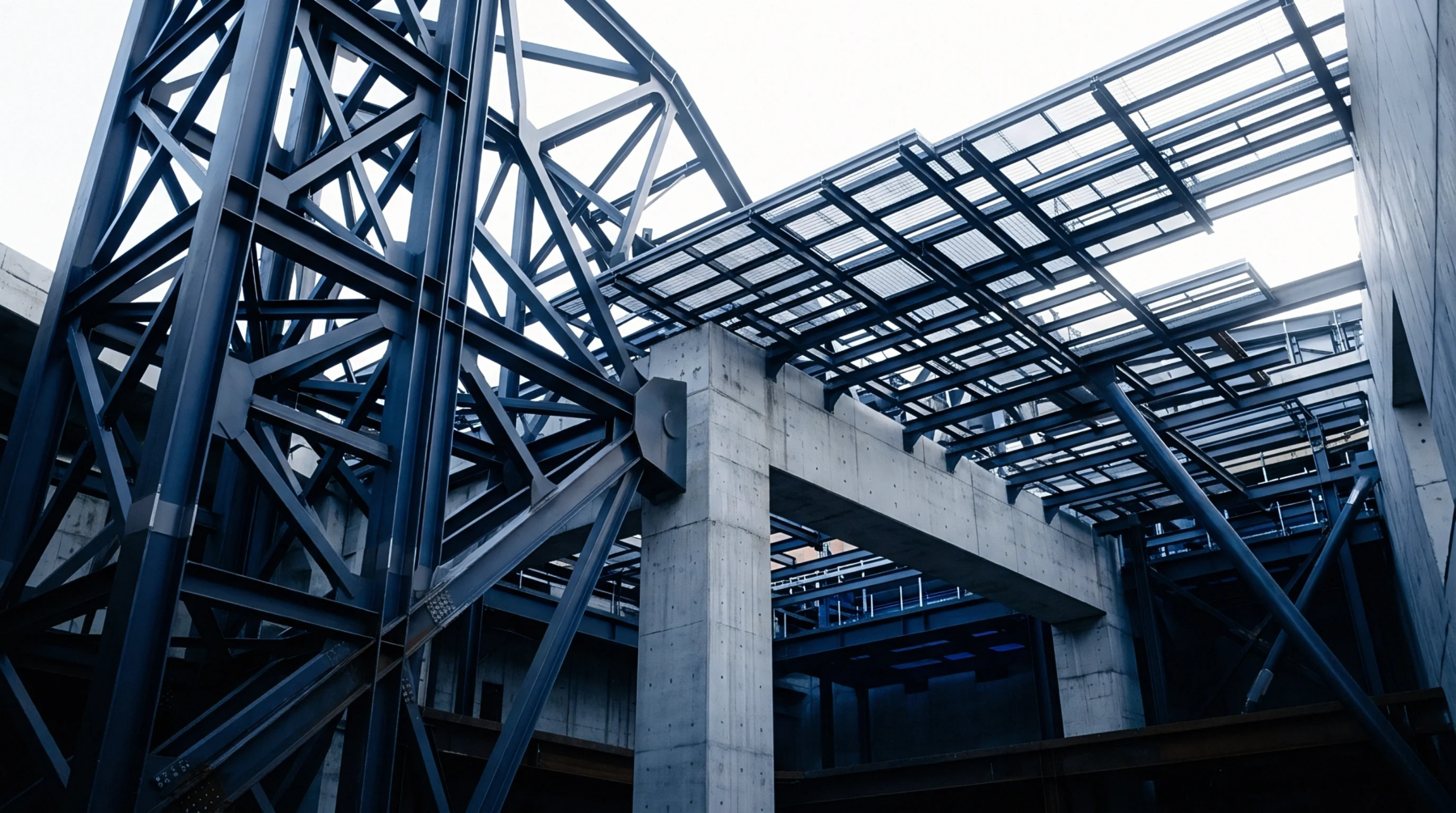 Heavy steel beams and concrete pillars form a complex superstructure within an expanding industrial site under a bright clear sky.