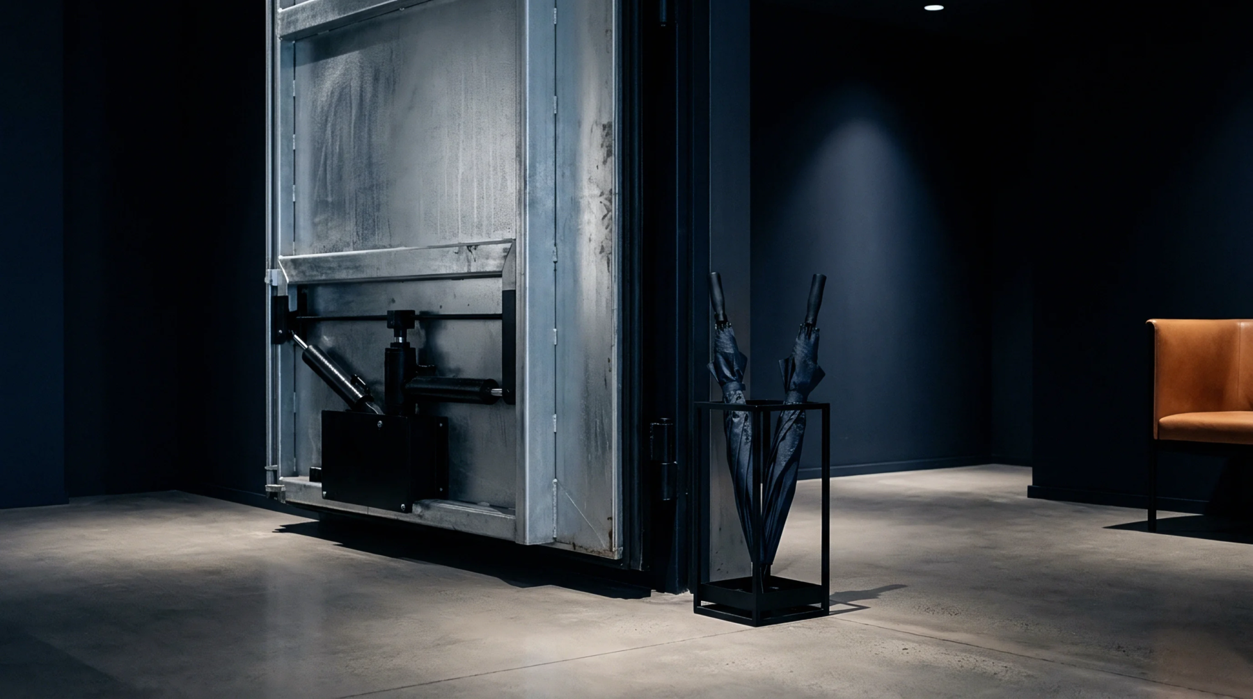 Heavy steel mechanical hatch components with visible hydraulic pistons remain stationary within an industrial foyer adjacent to modern furniture and utilitarian accessories.