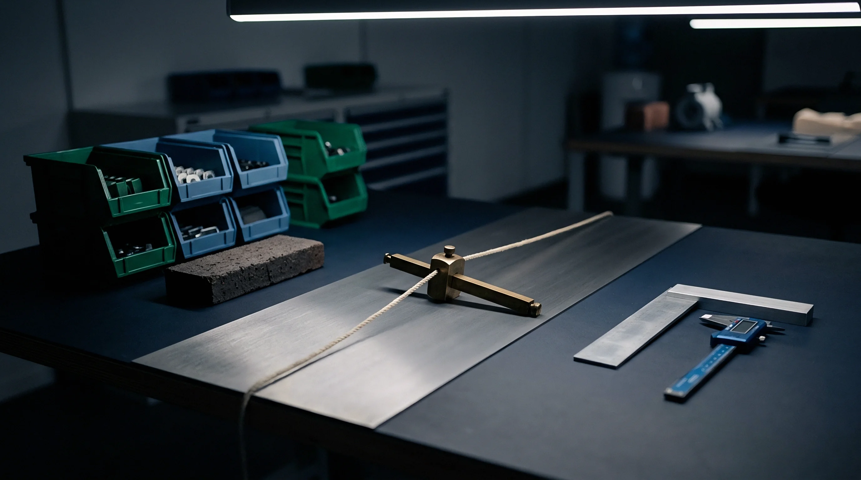 Precision measurement tools and storage bins sit upon a steel workbench in an industrial setting designed for organized component assembly and quality control workflows.