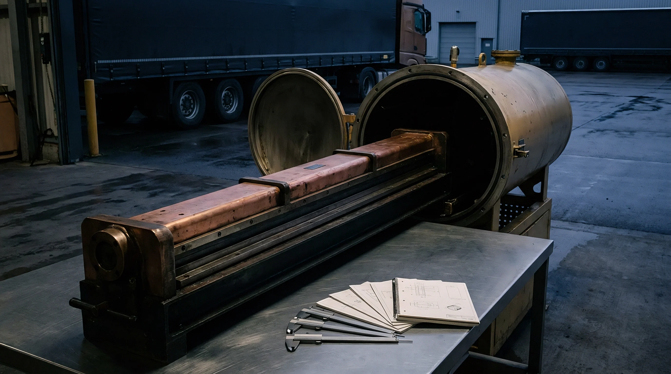 A robust metal component, constructed from copper alloys, rests on an assembly jig beside a large industrial processing chamber.