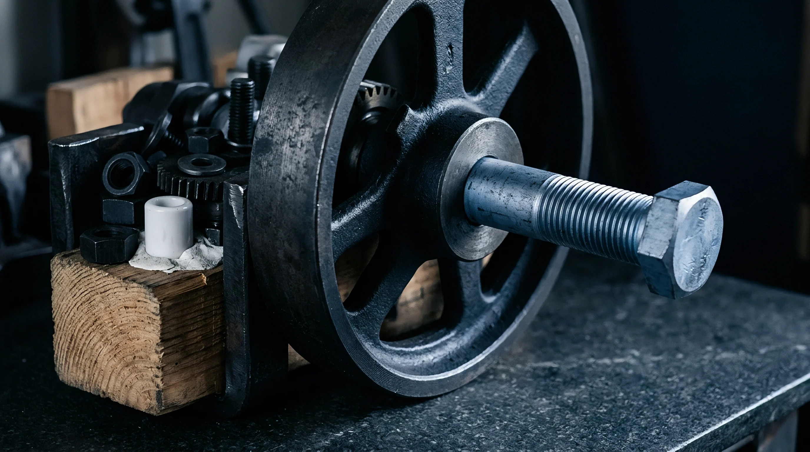 A collection of industrial metal components including a cast iron wheel, steel bolt, gears and fasteners rests on a wooden block.