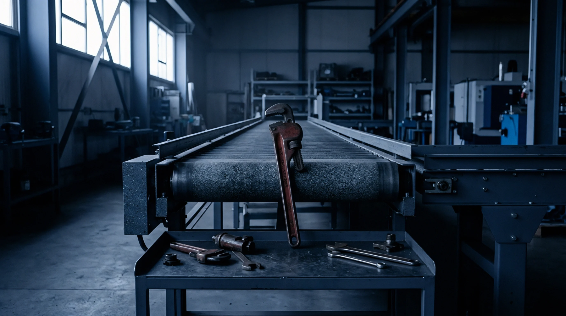 An industrial pipe wrench rests on a production line conveyor belt within a manufacturing facility, surrounded by essential tools on an adjacent workbench.