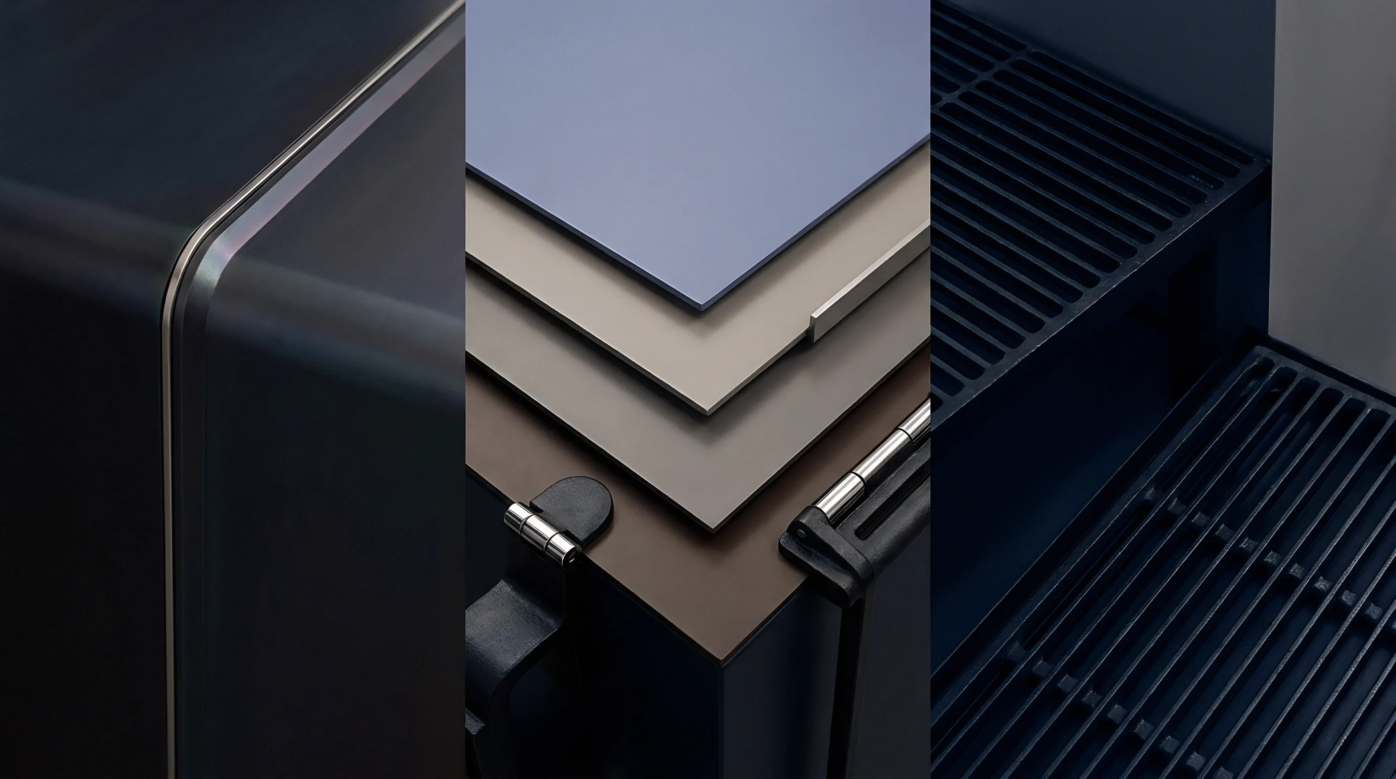 Three vertical panels display a rounded metal edge seam, a stack of colored metal sheets with hinges, and industrial ventilation grates.