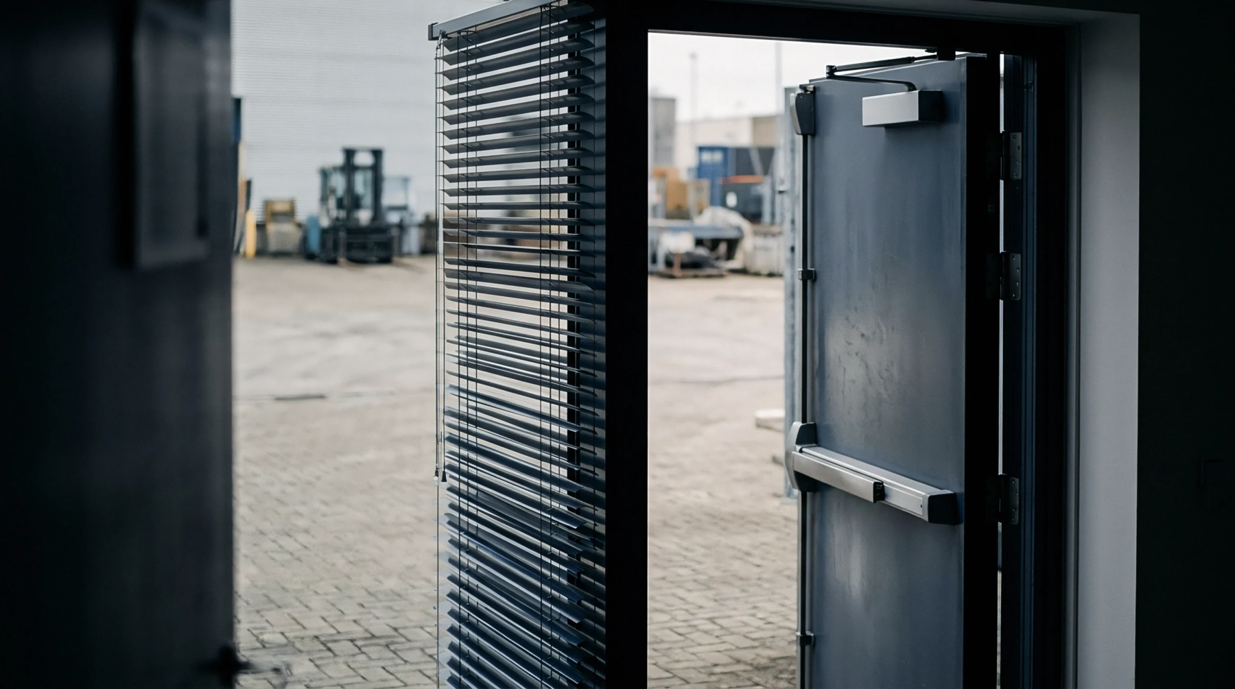 An open industrial door with a panic bar exits from a darkened building toward an exterior paved yard featuring a forklift and shipping containers.