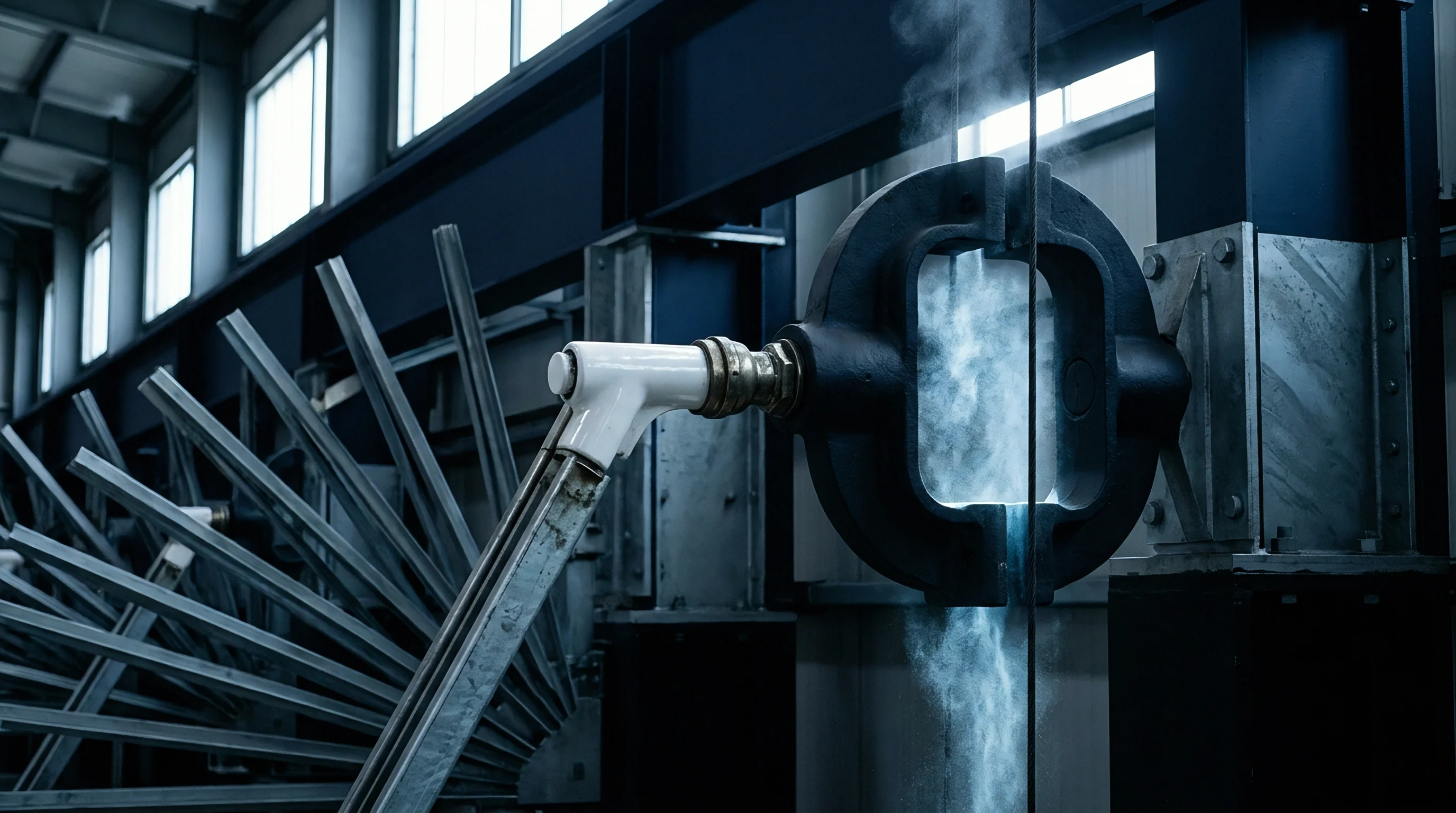 High voltage electrical switchgear undergoes routine discharge testing within a heavy structural steel frame situated inside a sprawling industrial manufacturing facility.