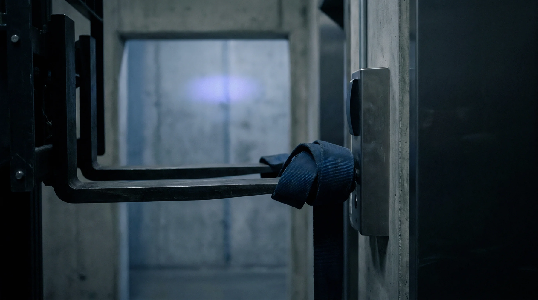 Black forklift forks extend across a doorway while a dark strap secures the industrial tines to a metal sensor post.