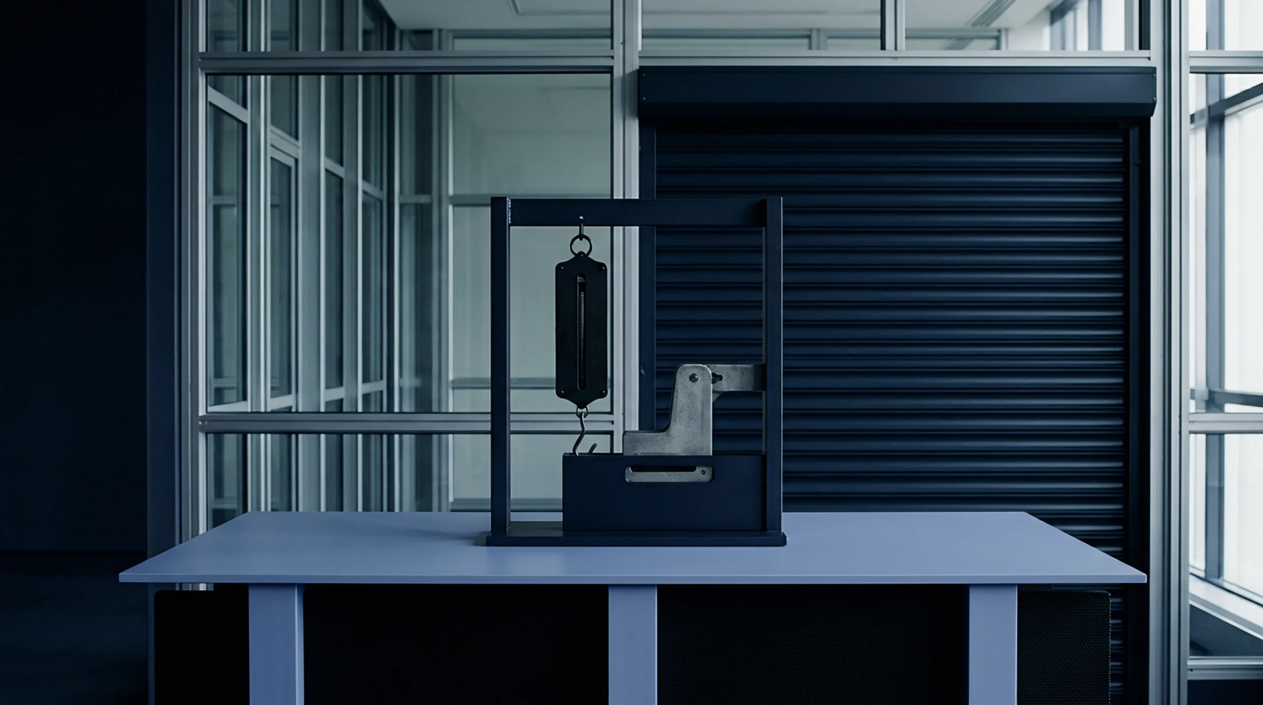 A specialized industrial testing apparatus with a vertical spring scale rests on a flat blue workstation within a glass modular enclosure.