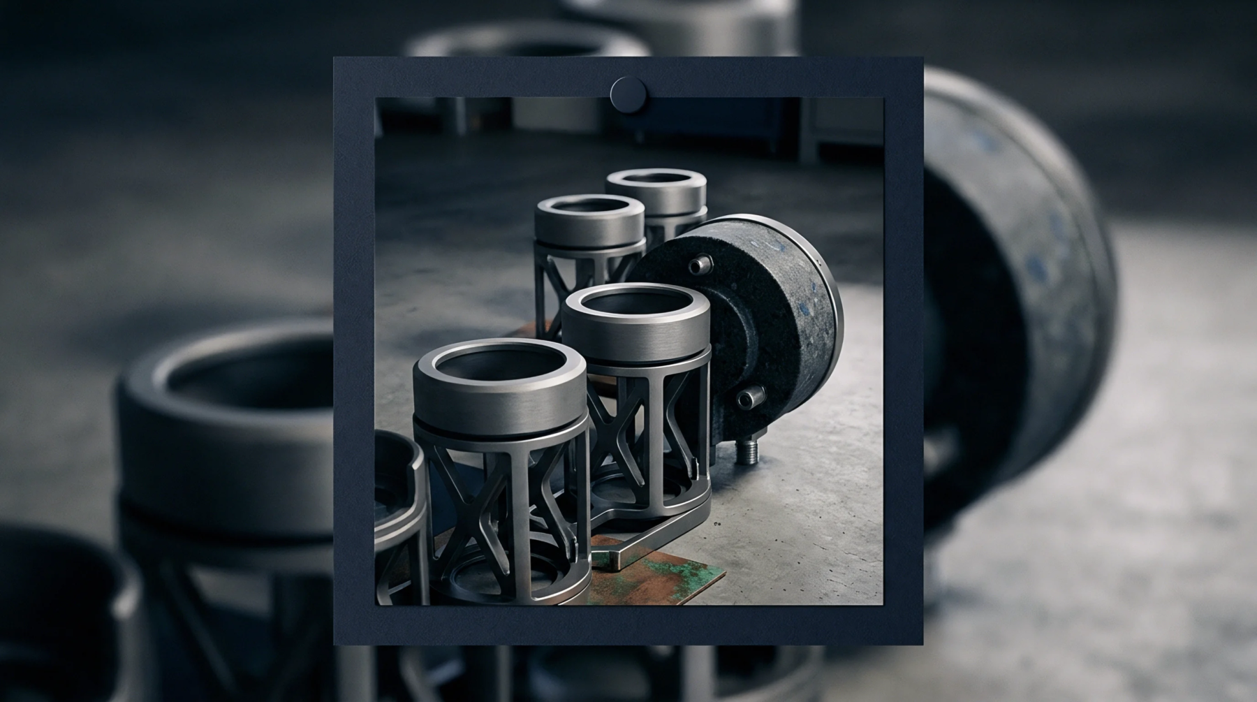 Multiple cylindrical metal components rest in structural lattice supports on a level workbench inside a grey industrial fabrication facility.