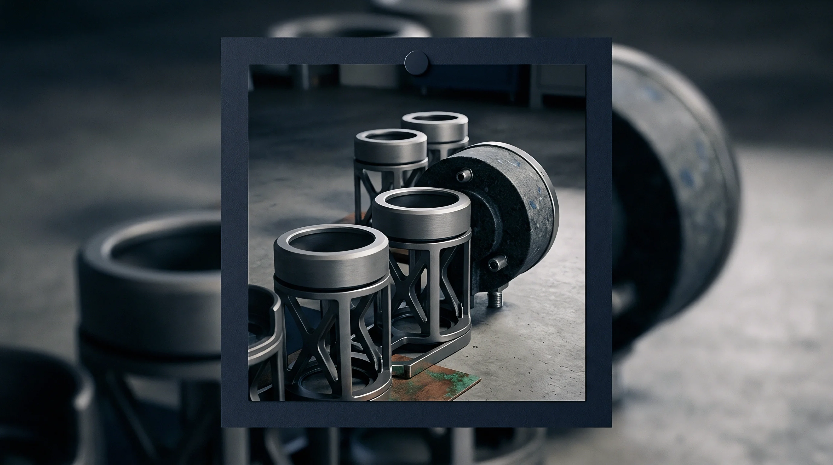 Multiple cylindrical metal components rest in structural lattice supports on a level workbench inside a grey industrial fabrication facility.