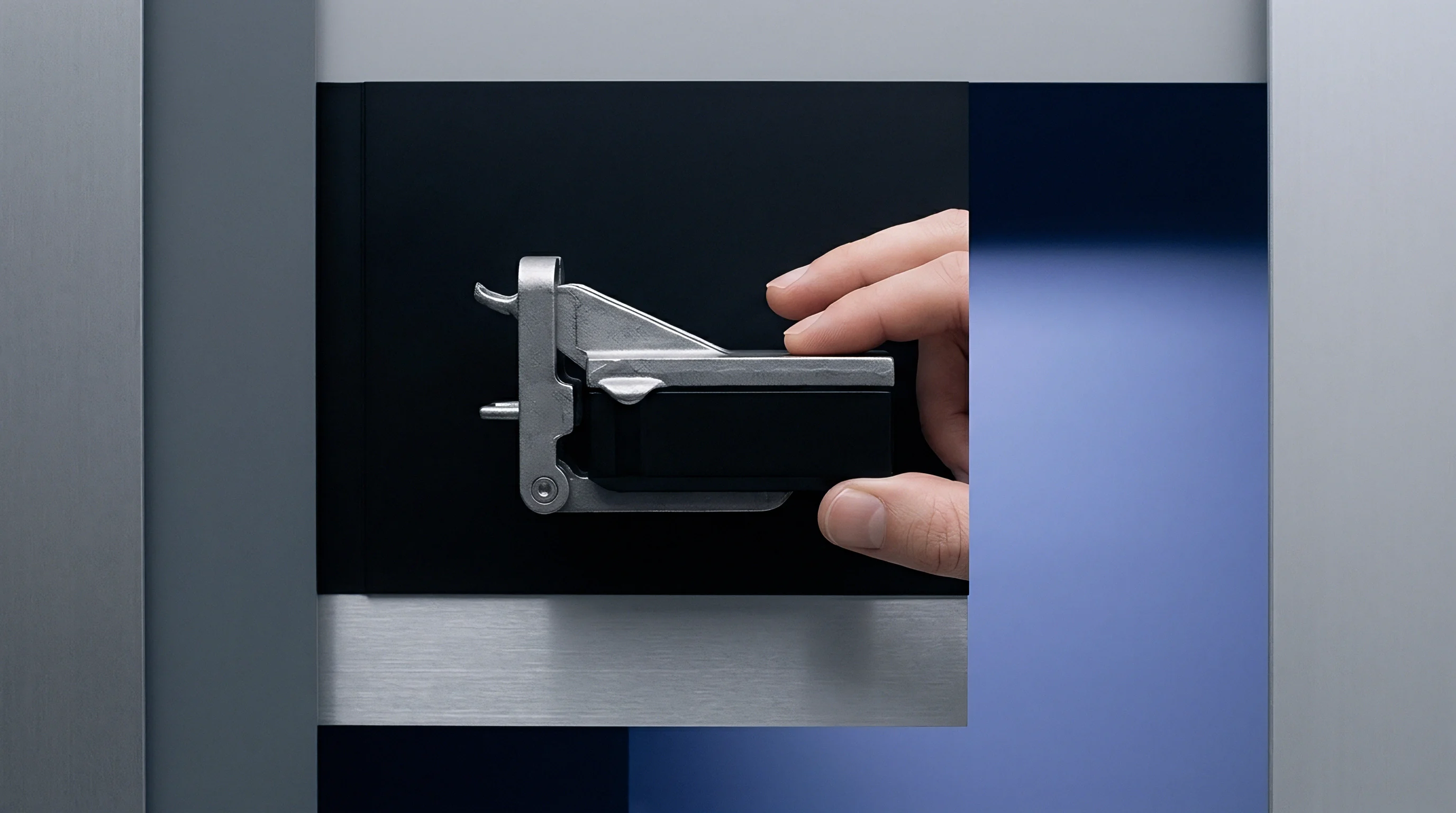 A hand operates a metallic latch assembly mounted on a black industrial enclosure panel within a modern fabrication environment.