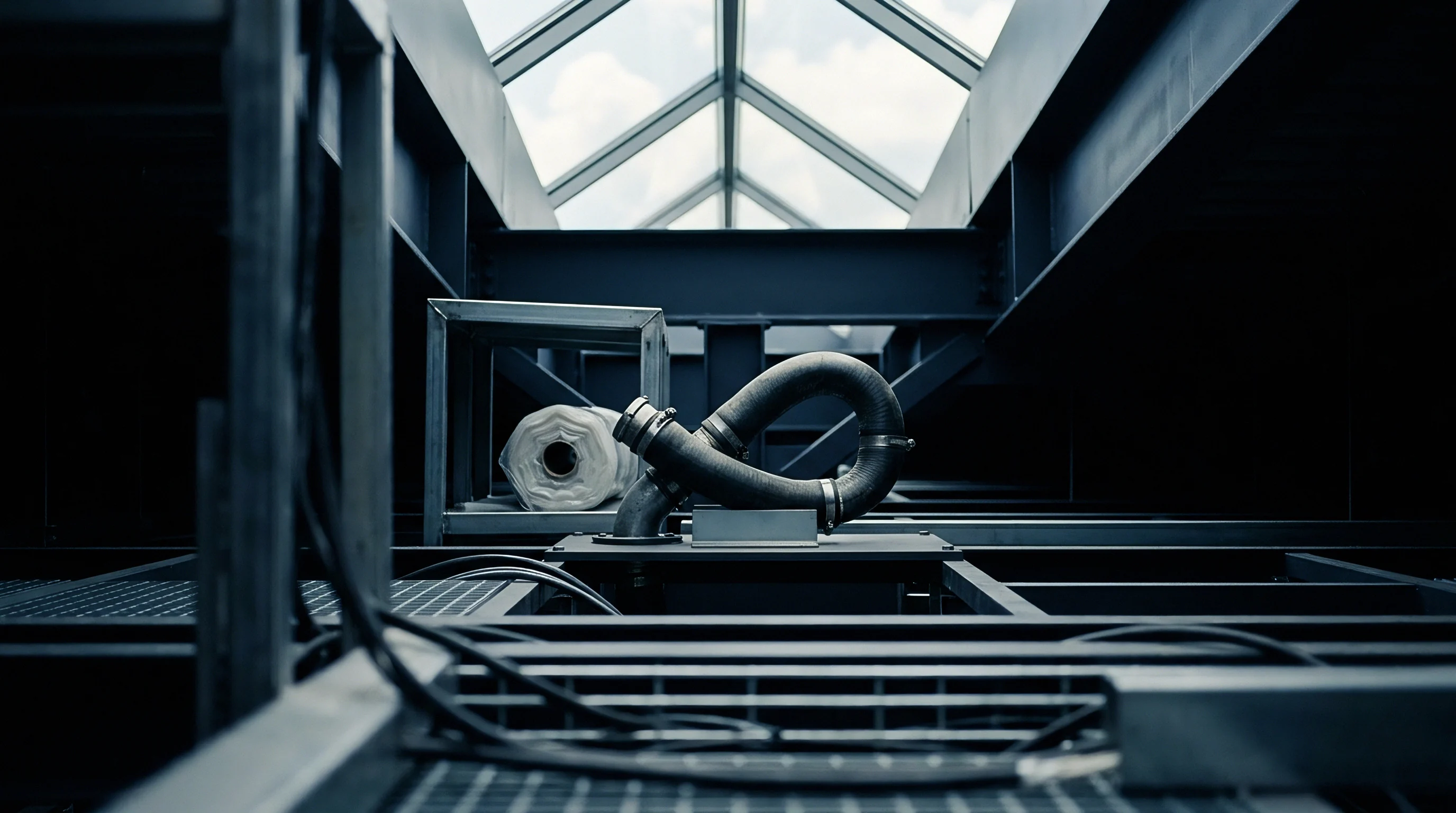 Industrial cable trays and steel structural framework sit beneath a glass ceiling with a flexible reinforced bypass hose mounted centrally.