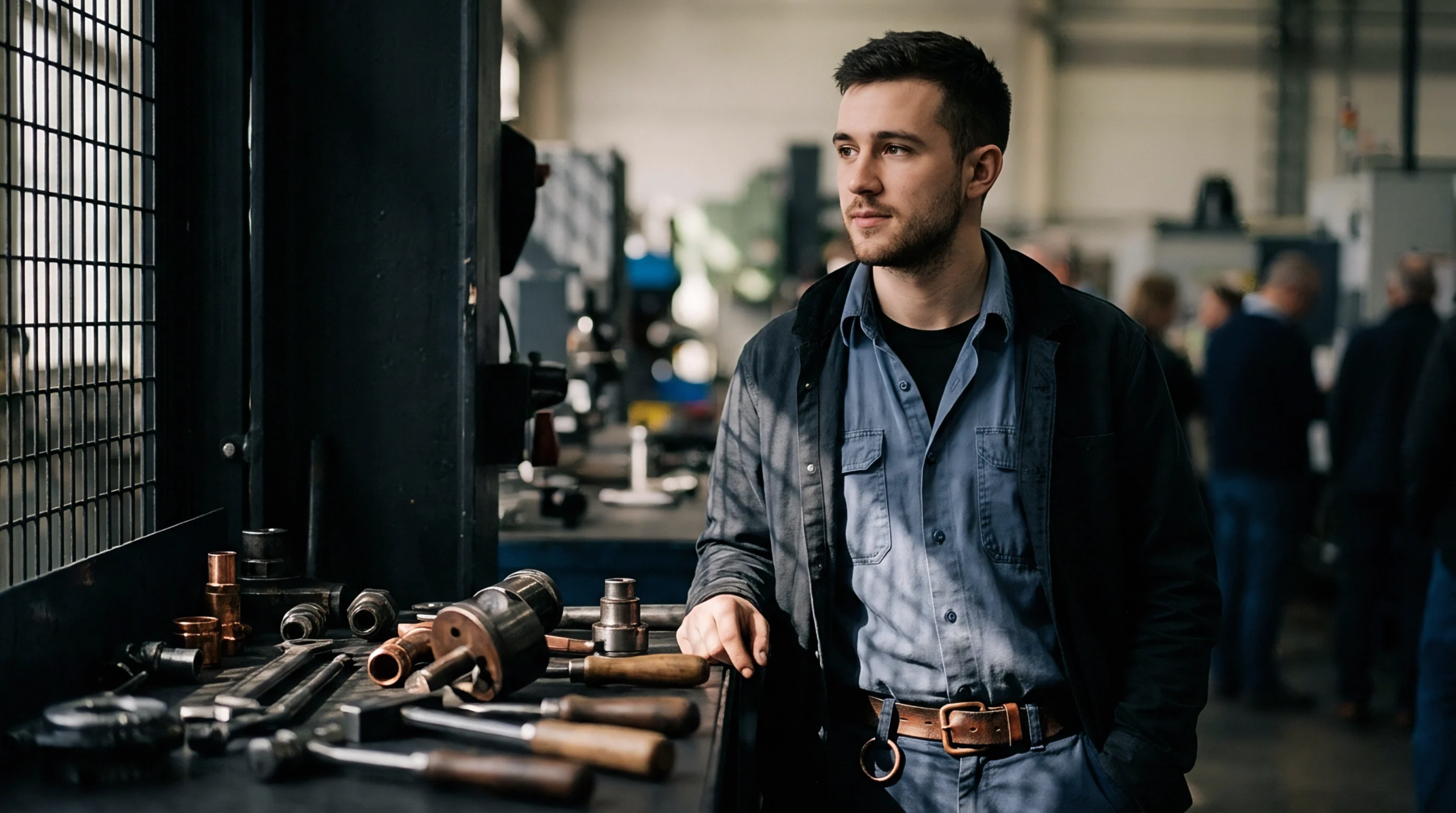 An industrial operator stands beside a workbench covered with brass fittings and hand tools within a large factory facility.