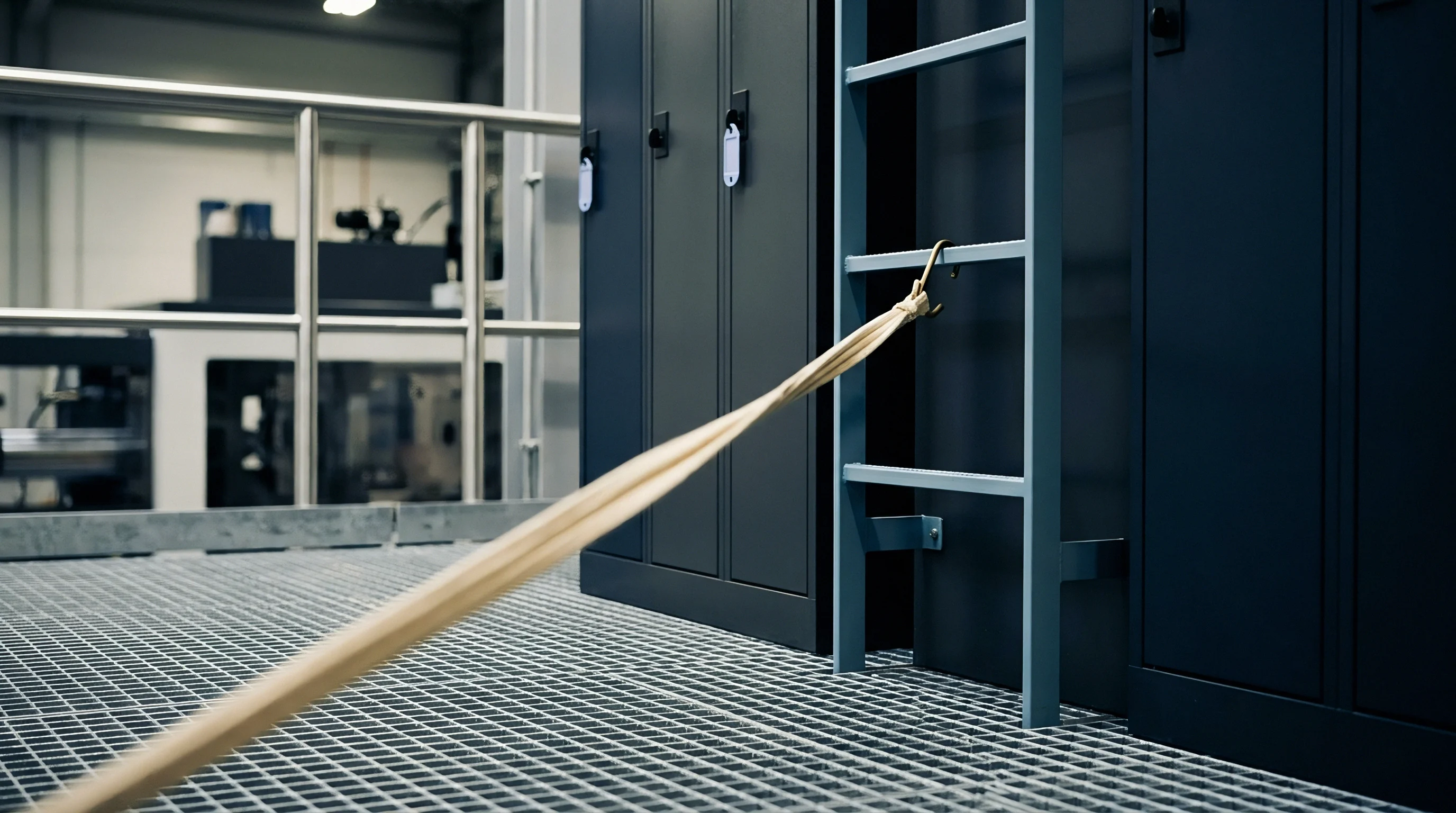 A synthetic webbing strap secured to a metal ladder attached to storage cabinets in an industrial production facility floor.