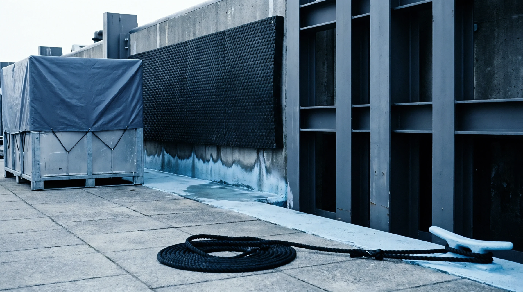 A covered metal crate sits beside a mooring rope on a concrete industrial wharf with rubber buffers and structural steel beams nearby.