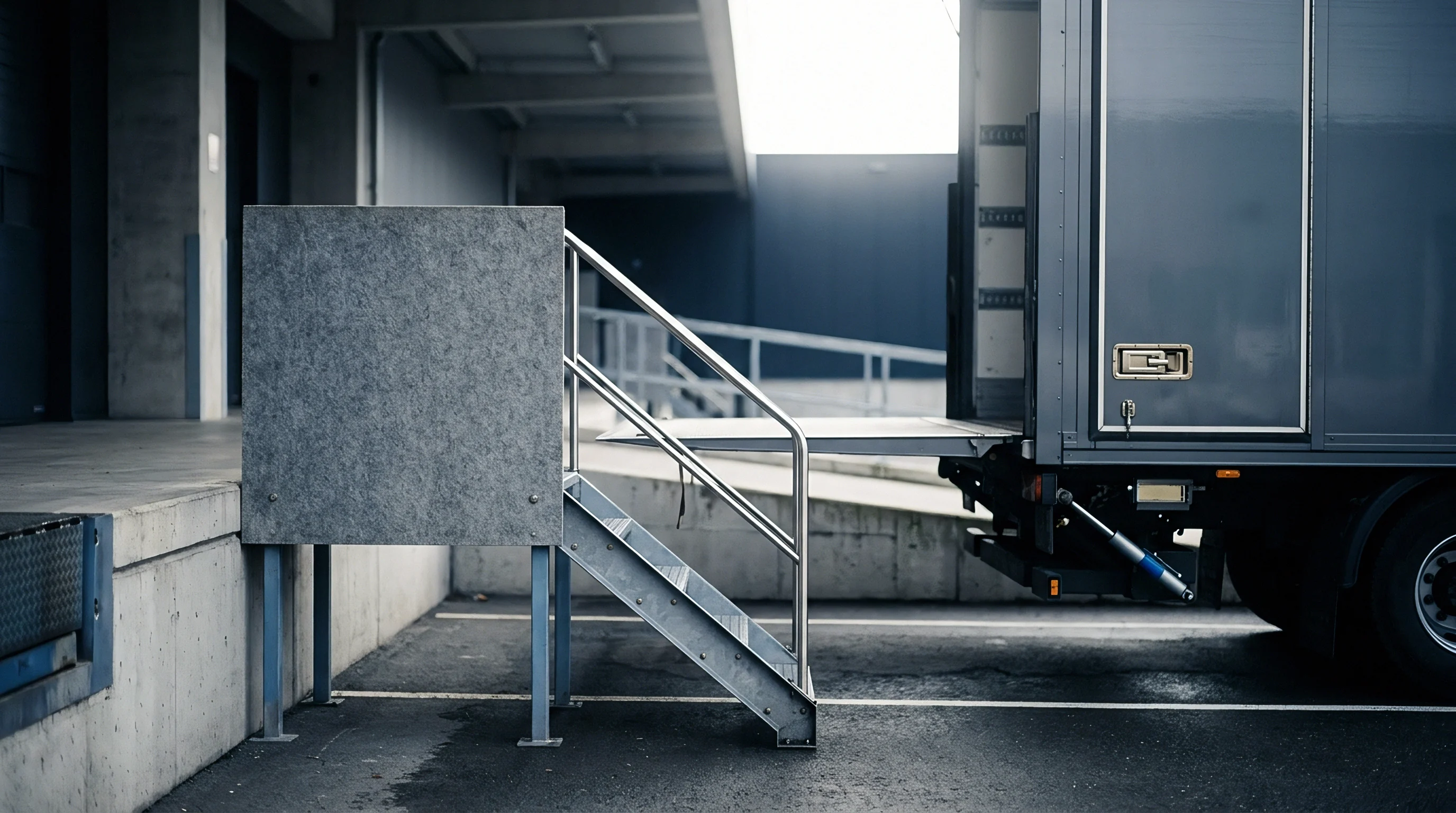 A dark grey semi truck with an open hydraulic liftgate backs up to a concrete loading dock with metal access stairs.