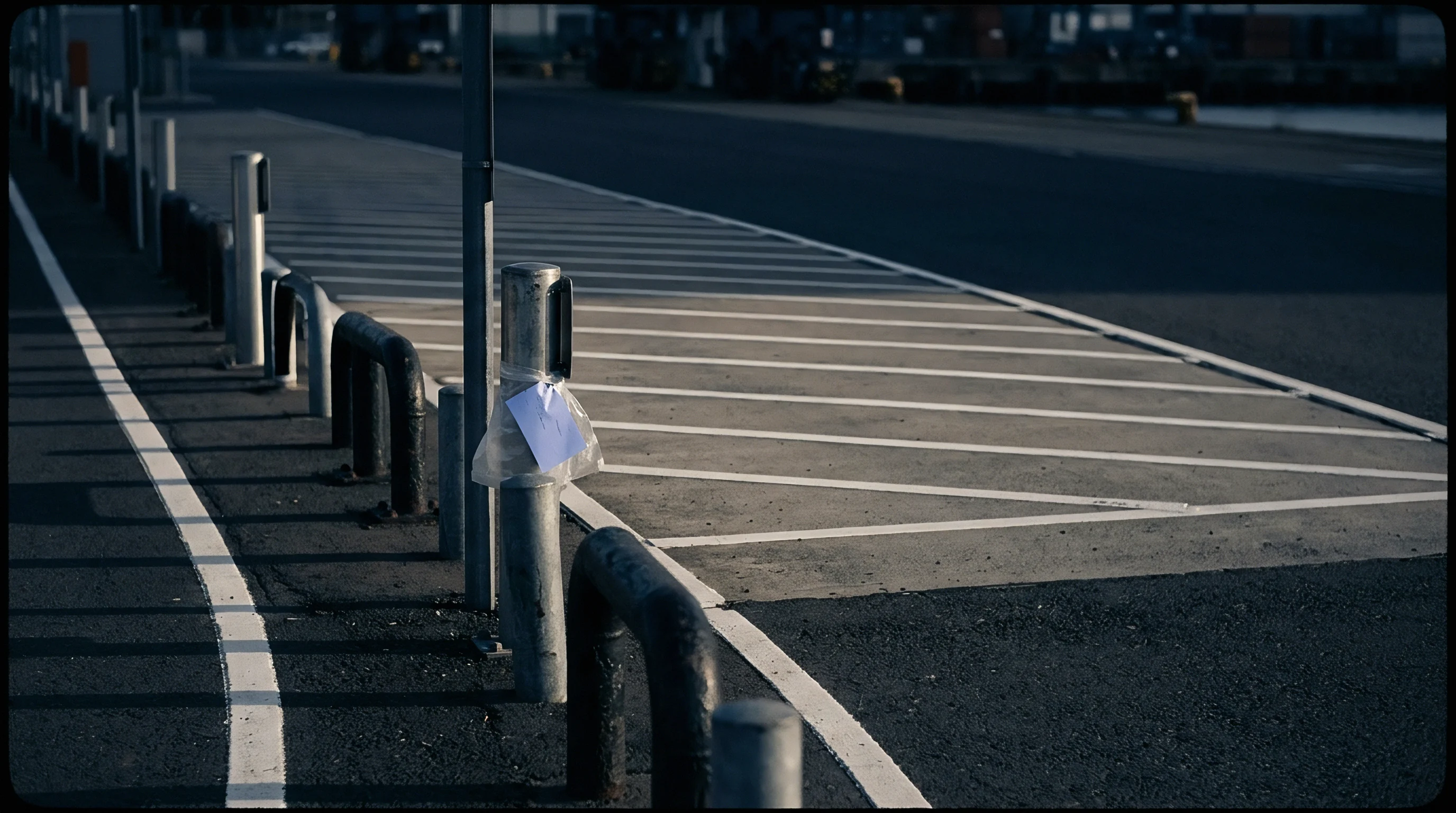 Metal bollards protect demarcated loading lanes painted on asphalt in a shipping or logistics facility exterior.