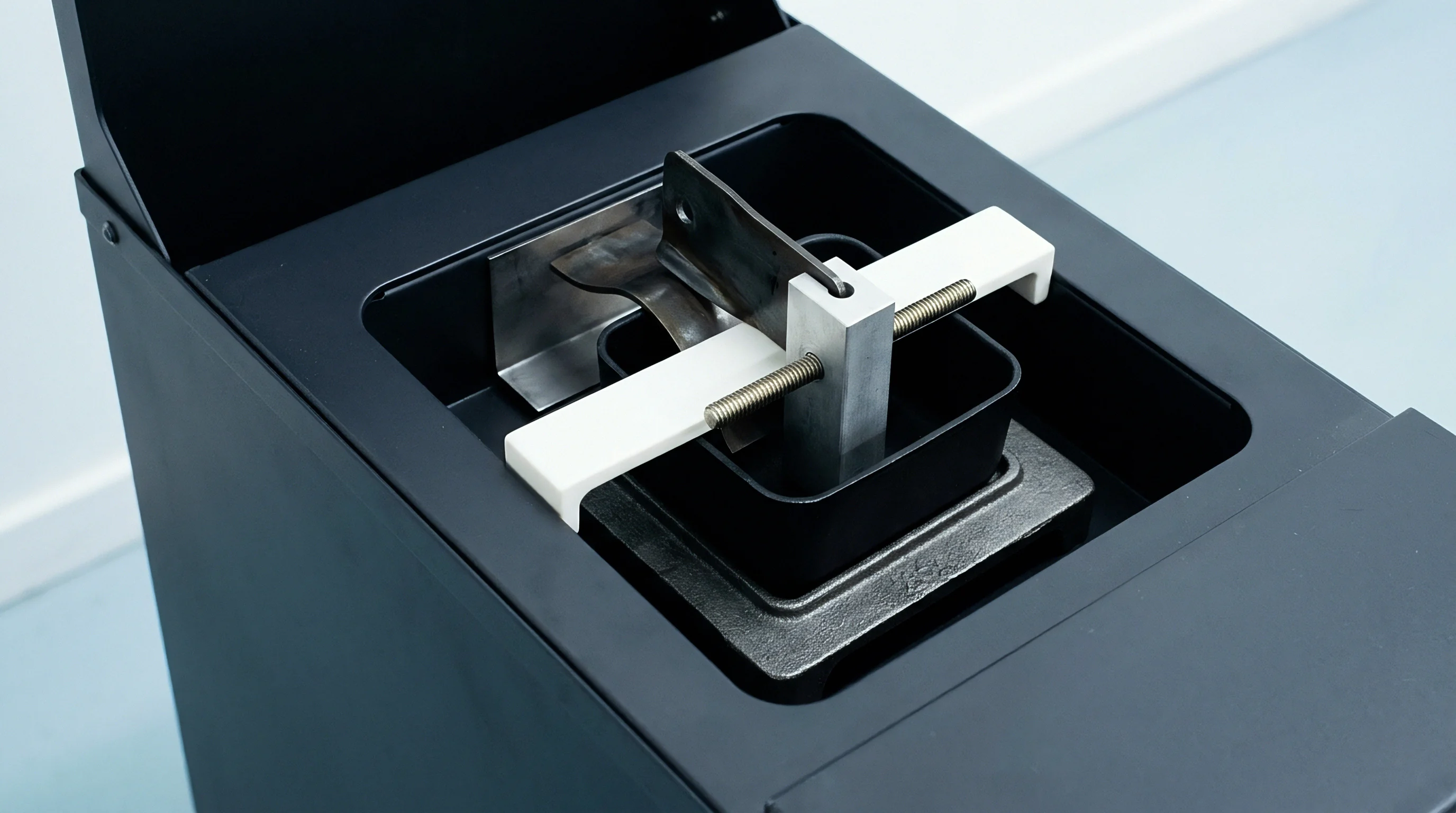 A specialized industrial machine reveals internal components including a white structural bridge and threaded rod within a black metal manufacturing chamber.
