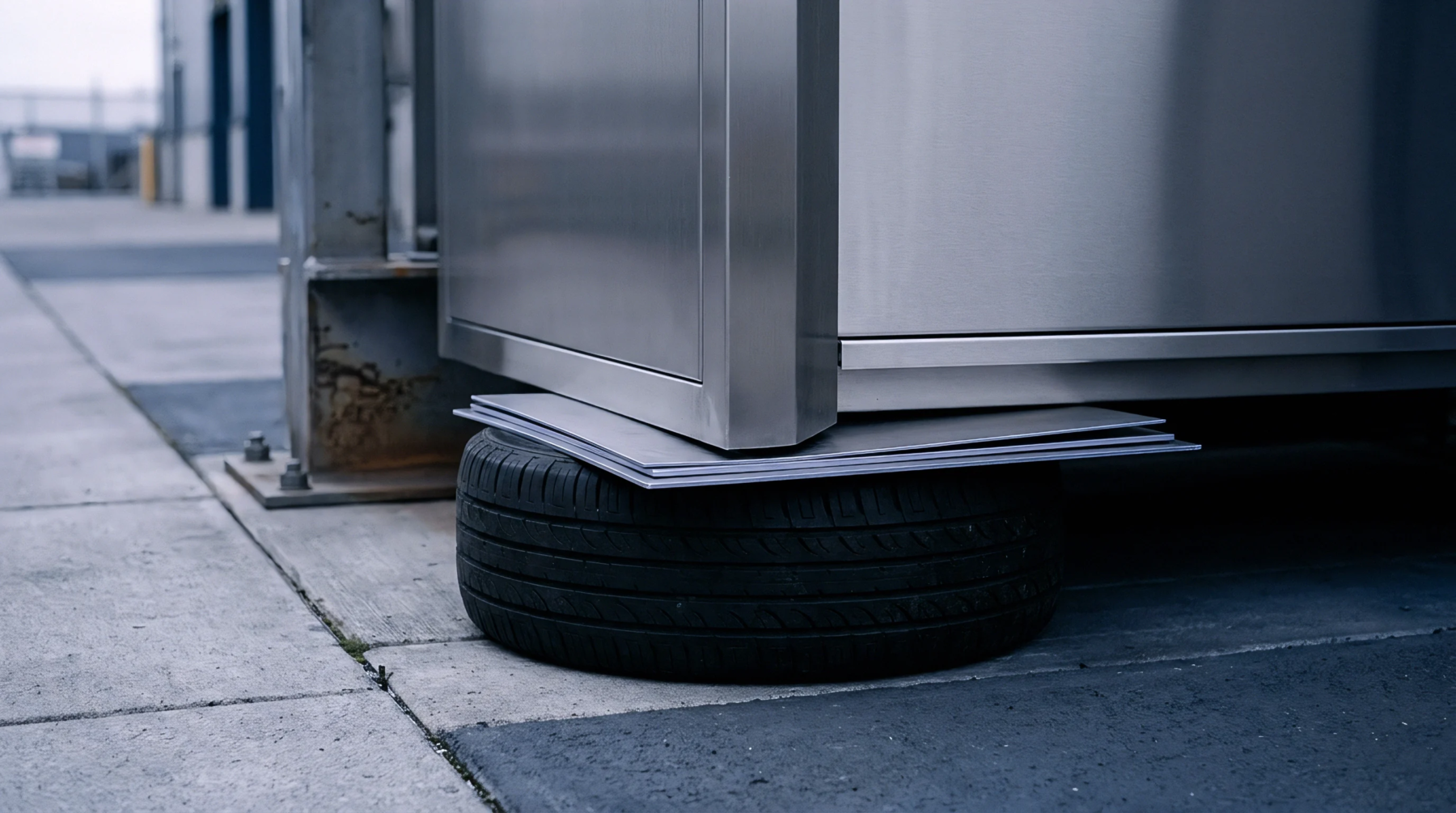 A stainless steel equipment housing rests upon stacked metal shims atop a rubber tire on an outdoor concrete industrial facility floor.