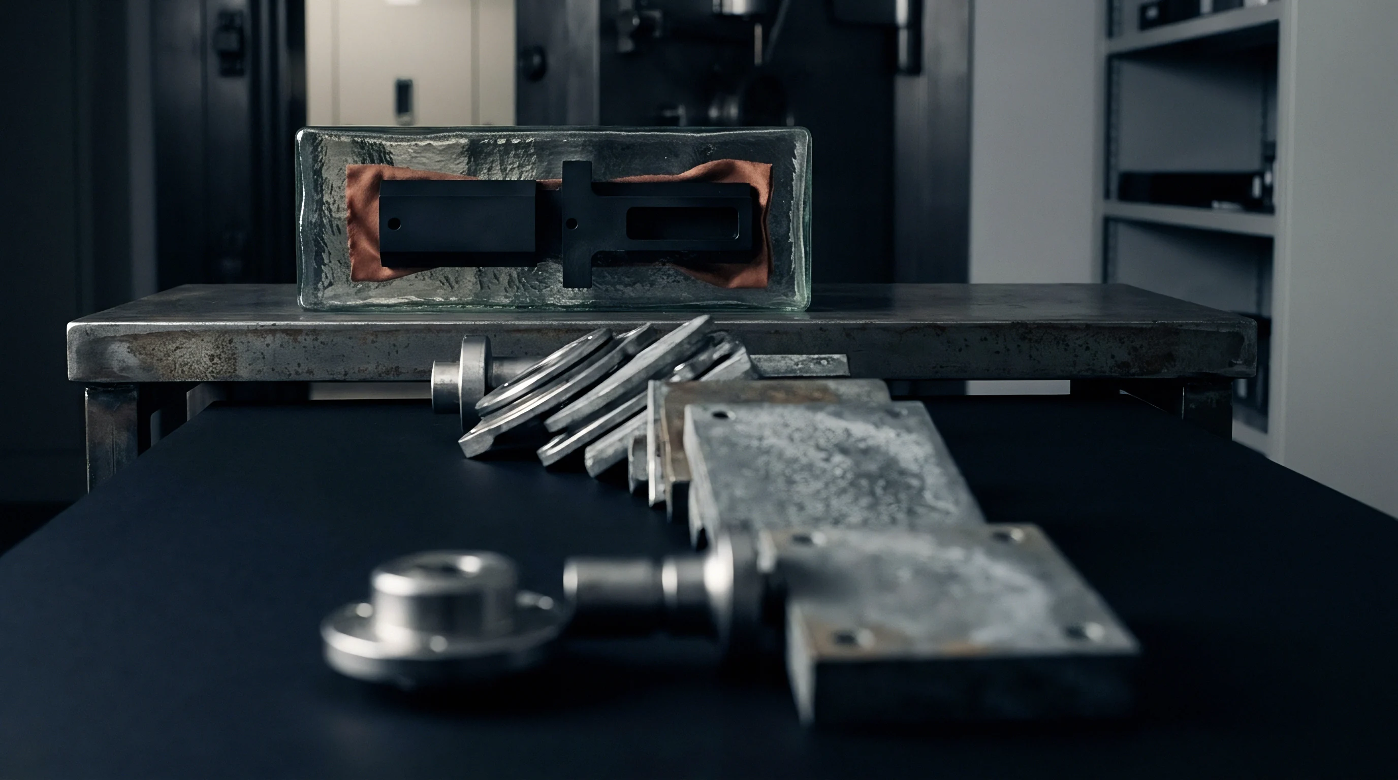 Various machined metal industrial components and raw material samples are displayed on dark and metallic surfaces within a production setting.