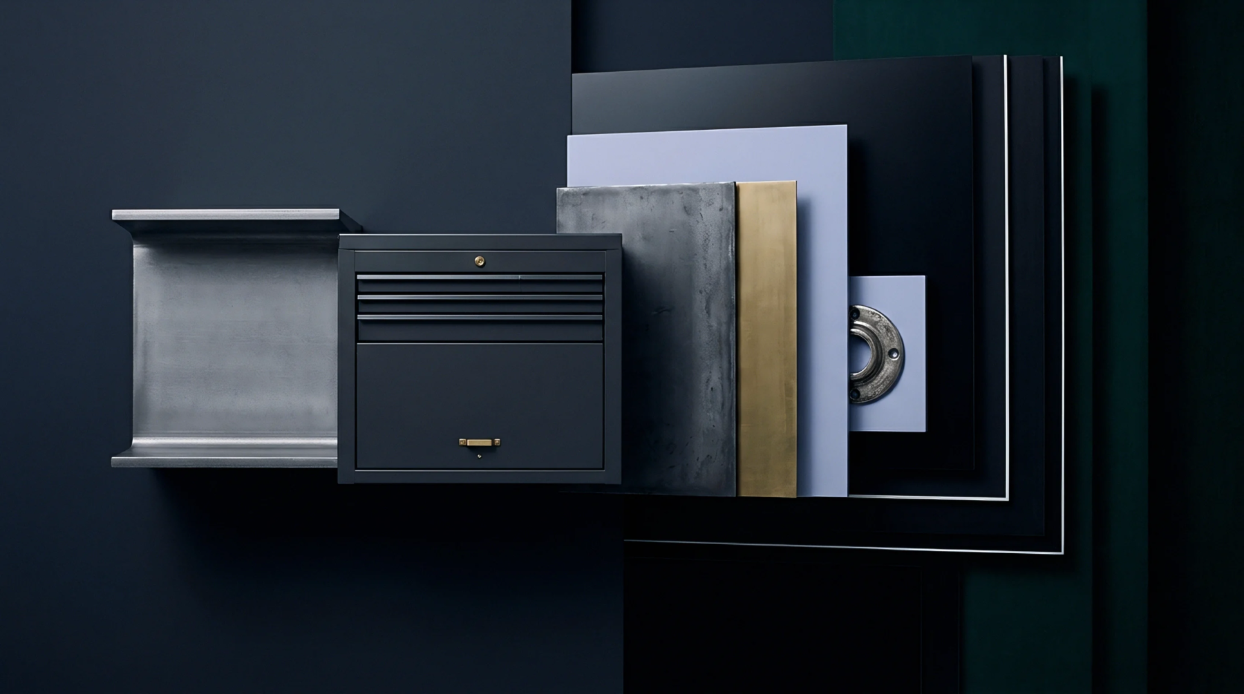 Steel beams, brass sheets, and a locked metal enclosure arranged in a layered vertical composition against a dark matte backdrop display industrial building components.