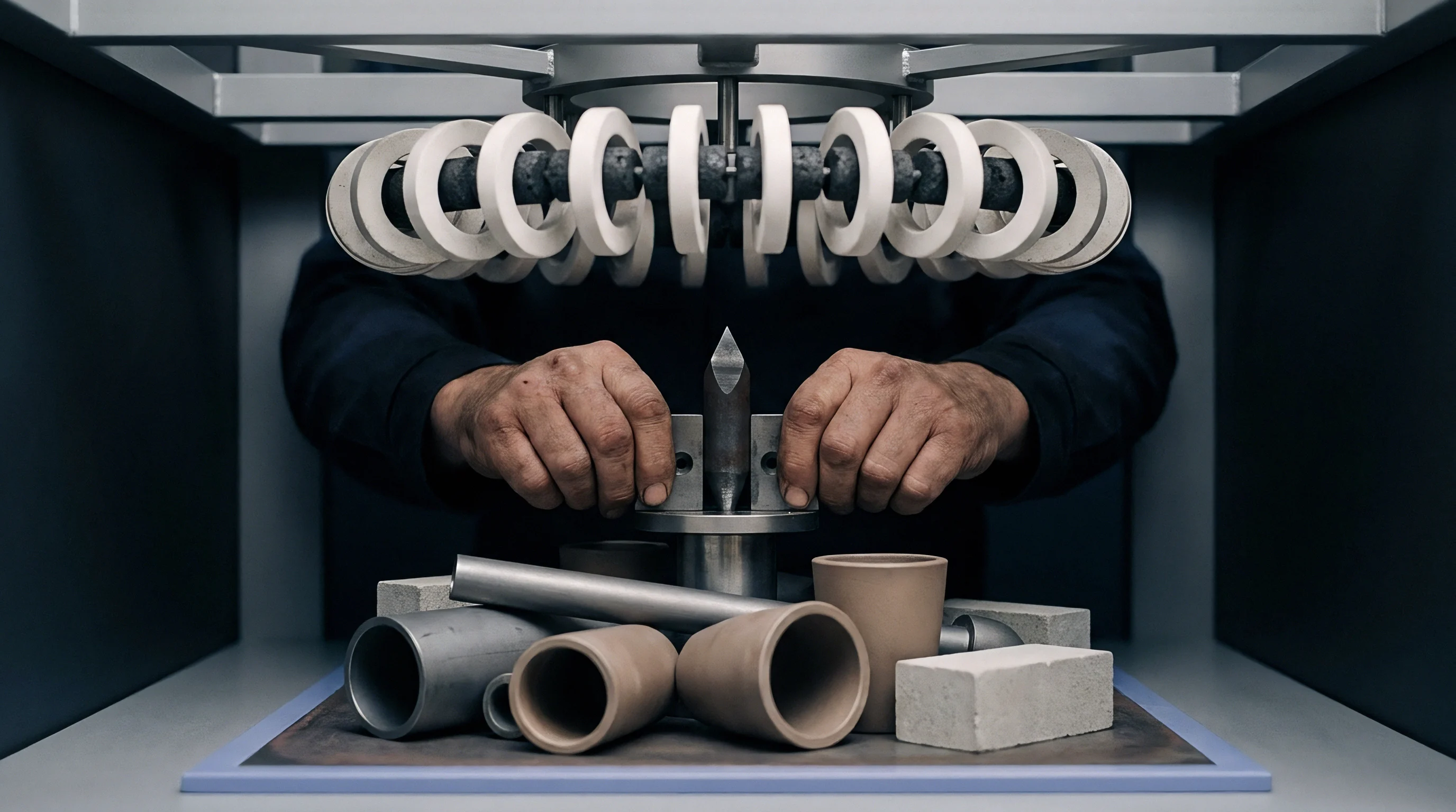 A worker's hands maneuver a pointed metal probe over a testing apparatus, with samples of metal tubes, ceramic vessels, and concrete blocks nearby.